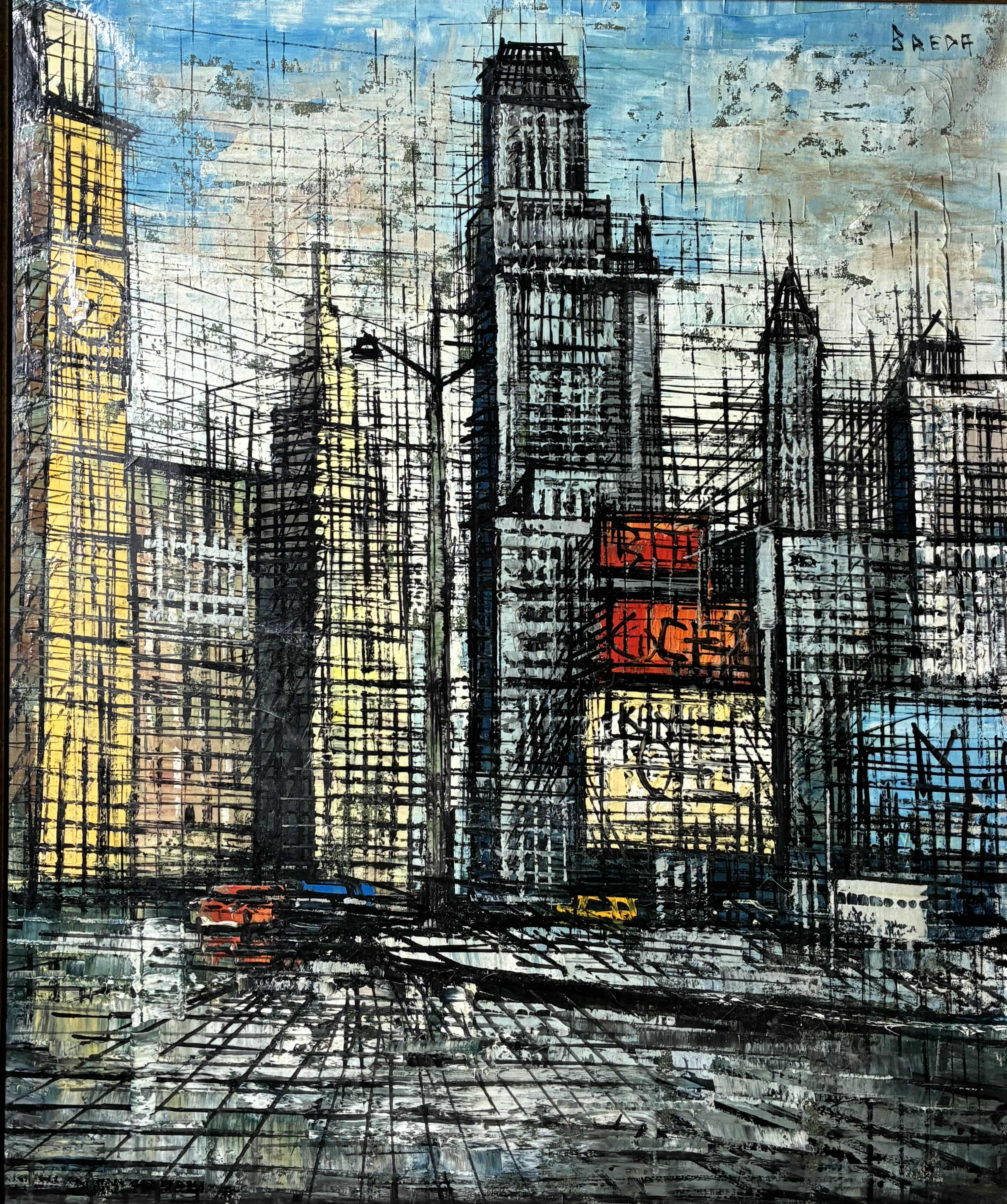 Photo 1 of NEW YORK CITY SKYLINE ABSTRACT OIL PAINTING BY BREDA FRAMED CANVAS ARTWORK 21.5” X 25.5”  $650