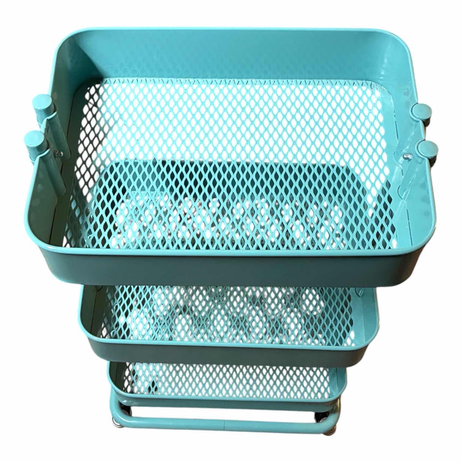 Photo 1 of 3-TIER TEAL METAL MESH ROLLING LAUNDRY RACK