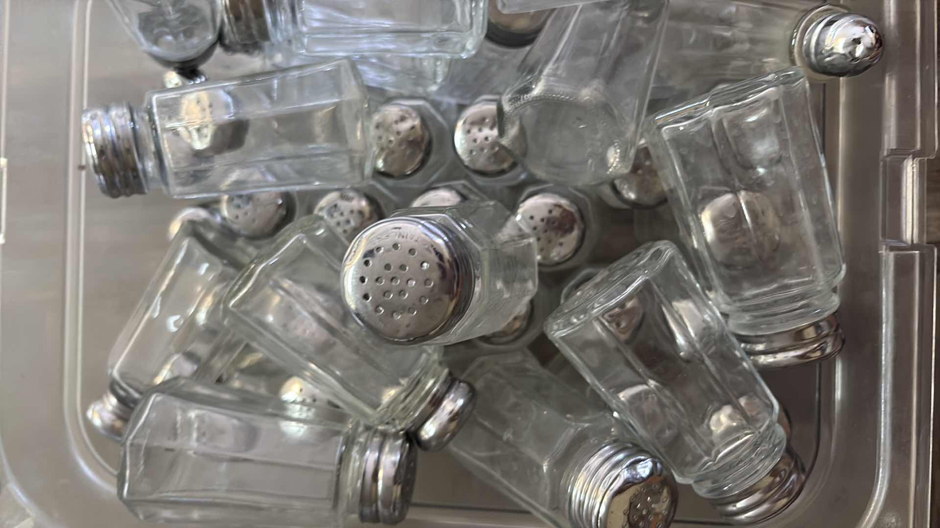 Photo 1 of CONTAINER OF SALT AND PEPPER GLASS SHAKER W/STAINLESS STEEL TOP H4”