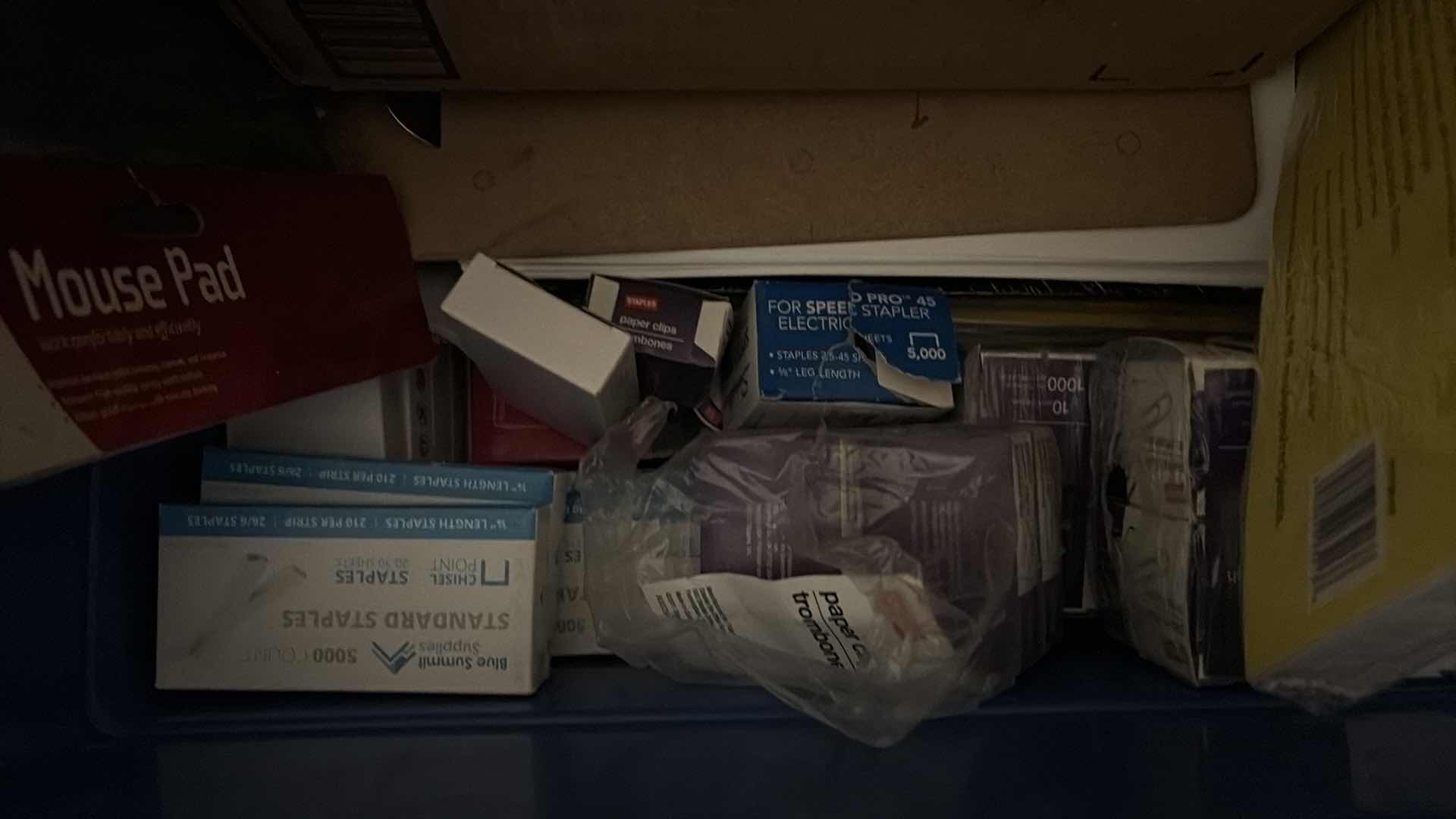 Photo 1 of CONTAINER OF OFFICE SUPPLIES- STAPLES,PAPERCLIPS, & BINDERS