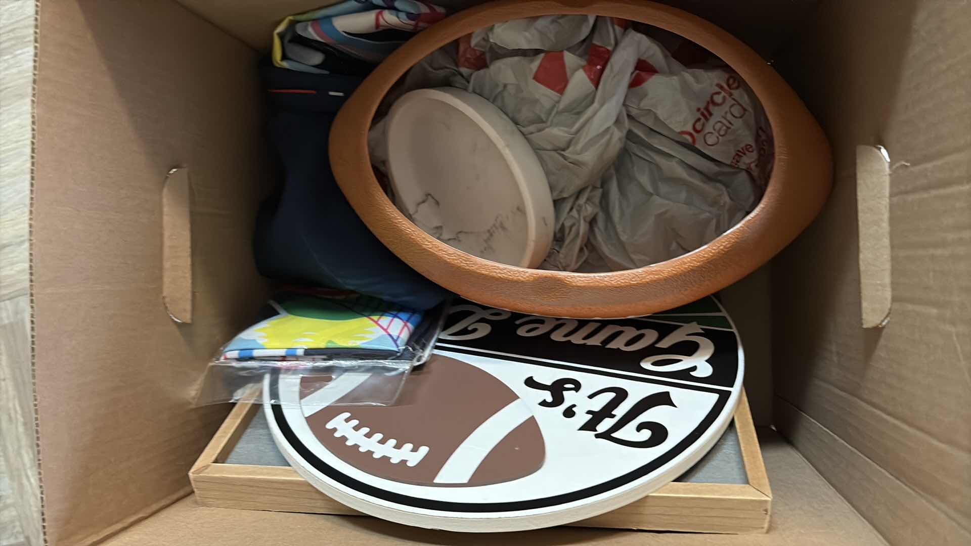 Photo 1 of SMALL BOX OF FOOTBALL DECORATIONS AND CANVAS SIGN 30”X12”