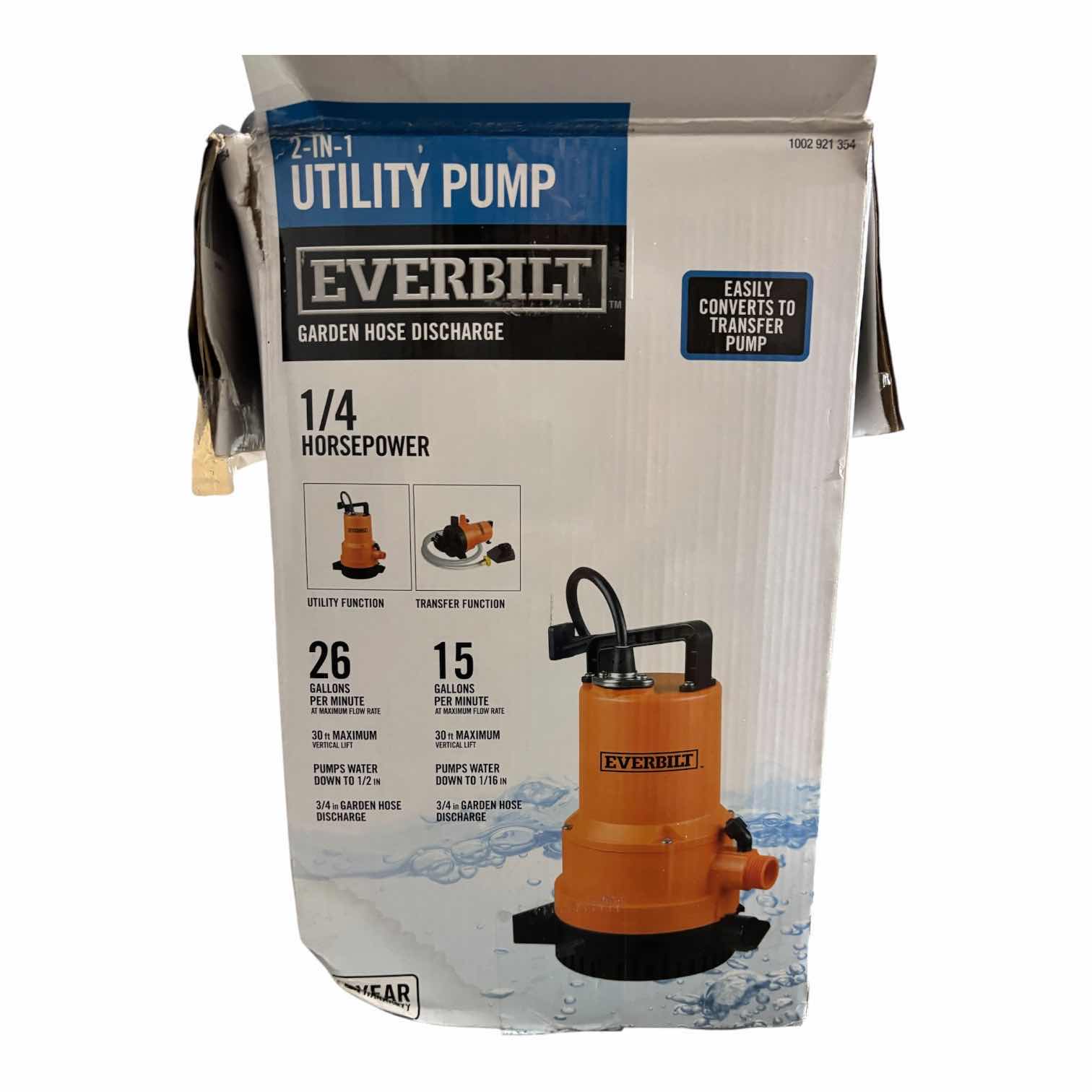 Photo 1 of EVERBILT 1/4 HP SUBMERSIBLE UTILITY AND TRANSFER PUMP IN ORIGINAL BOX