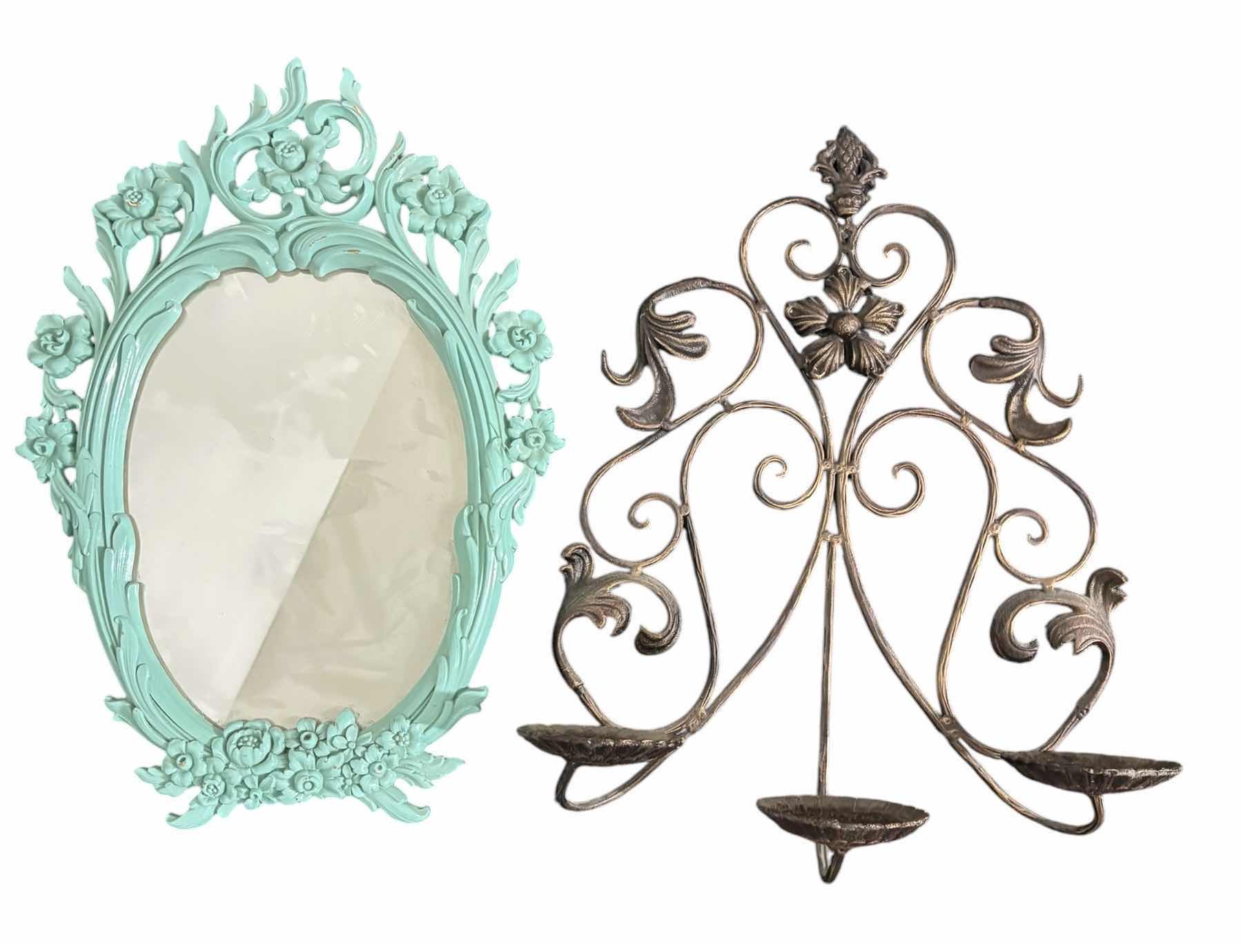 Photo 1 of WALL MIRROR H19.5” & WROUGHT IRON WALL CANDELABRA
