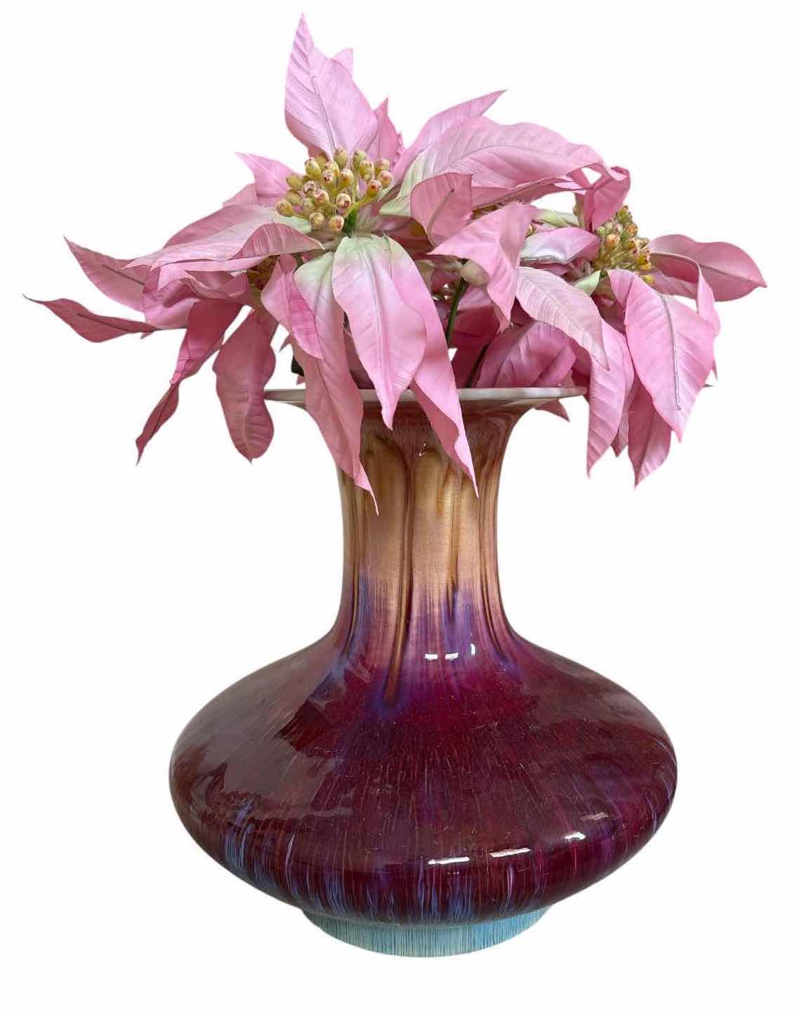 Photo 1 of CHINESE PORCELAIN PURPLE ART GLASS VASE WITH PINK POINSETTIA FLORAL ARRANGEMENT 14”X14”H14” $250
