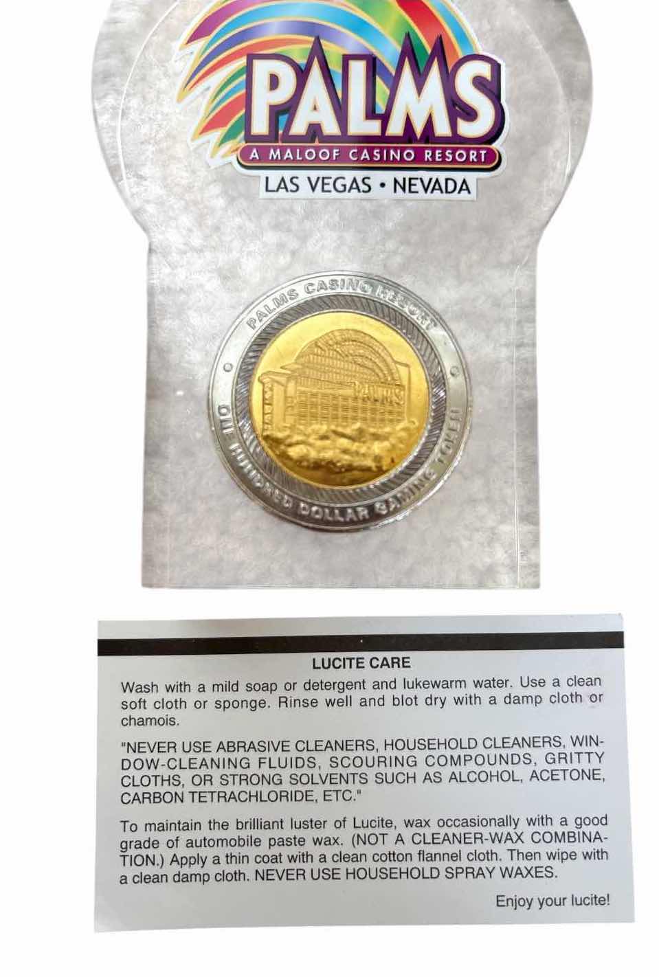 Photo 1 of PALMS CASINO RESORT LAS VEGAS $100 GAMING TOKEN IN LUCITE DISPLAY H4.25”