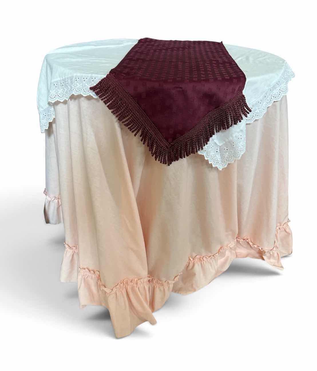 Photo 1 of PARTICLE BOARD ACCENT TABLE WITH PINK RUFFLED SKIRT & LACE TOPPER  H30” D29.5” $50