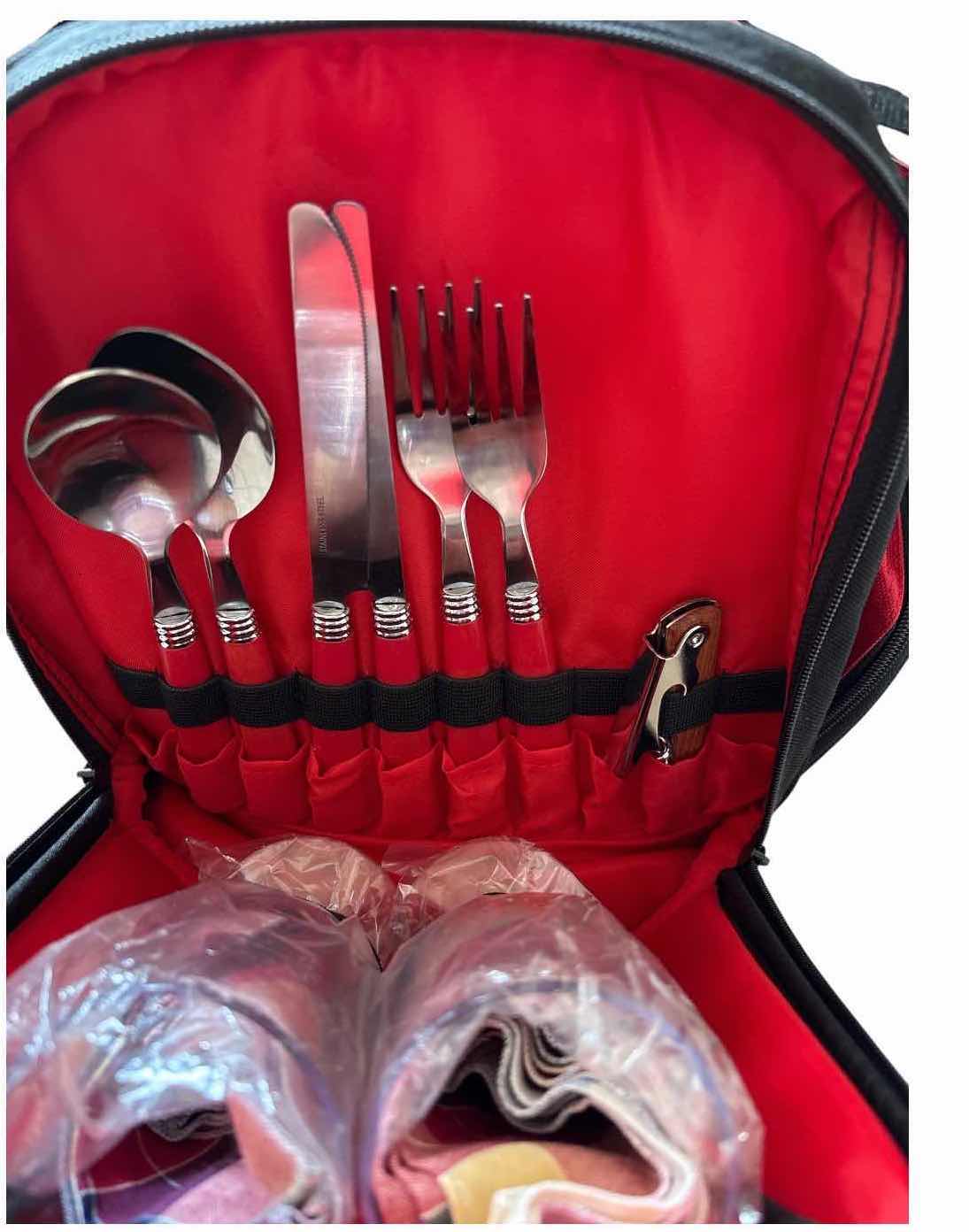 Photo 1 of VINTAGE LAS VEGAS HILTON INSULATED PICNIC PLUS BAG W REUSABLE UTENSILS – RED & BLACK 17”X10.5”H11.5”