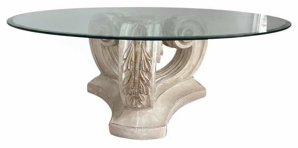 Photo 1 of ORNATE SCROLL BASE GLASS TOP COFFEE TABLE 45”X32”H16” $600