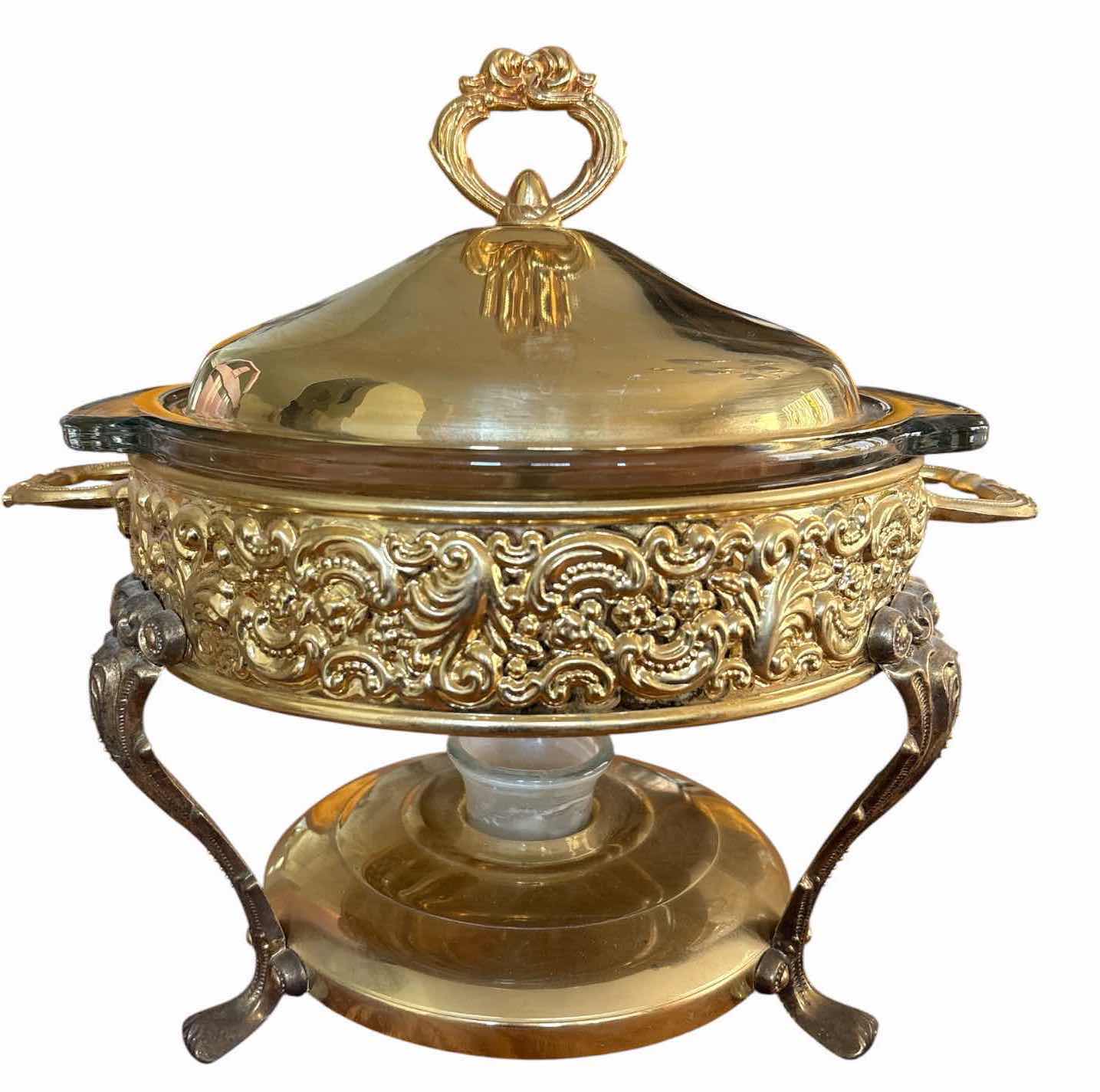 Photo 1 of VINTAGE ORNATE GOLD-TONE CHAFING DISH WITH ANCHOR HOCKING GLASS INSERT D9”