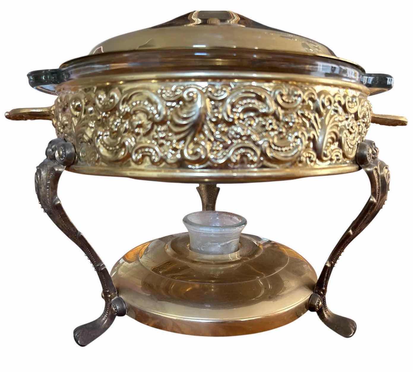 Photo 1 of VINTAGE ORNATE GOLD-TONE CHAFING DISH WITH ANCHOR HOCKING GLASS INSERT D9”