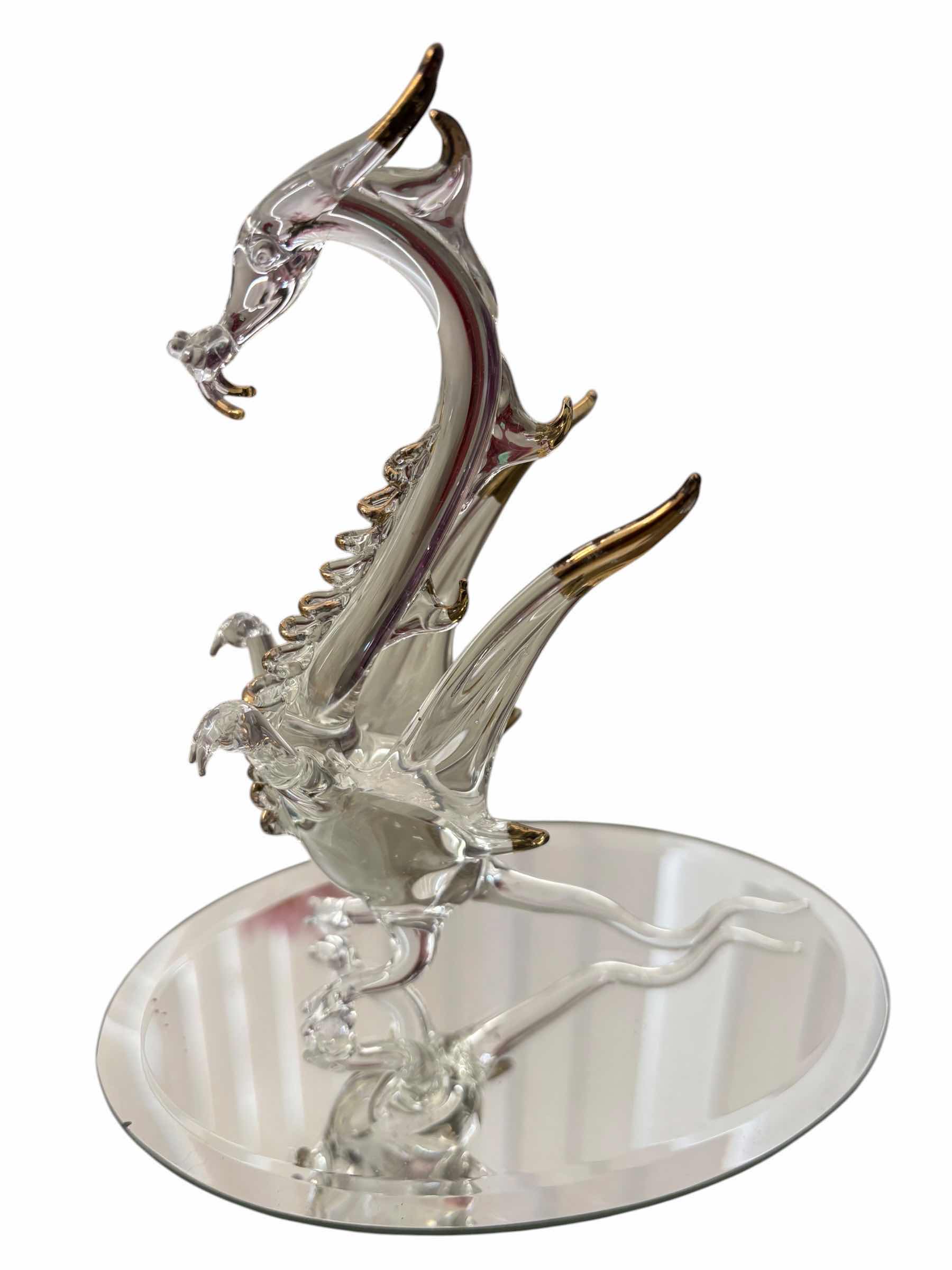 Photo 1 of DRAGON THEMED DECORATIVE ITEMS ON DETACHED GLASS PLATES, TALLEST H7”
