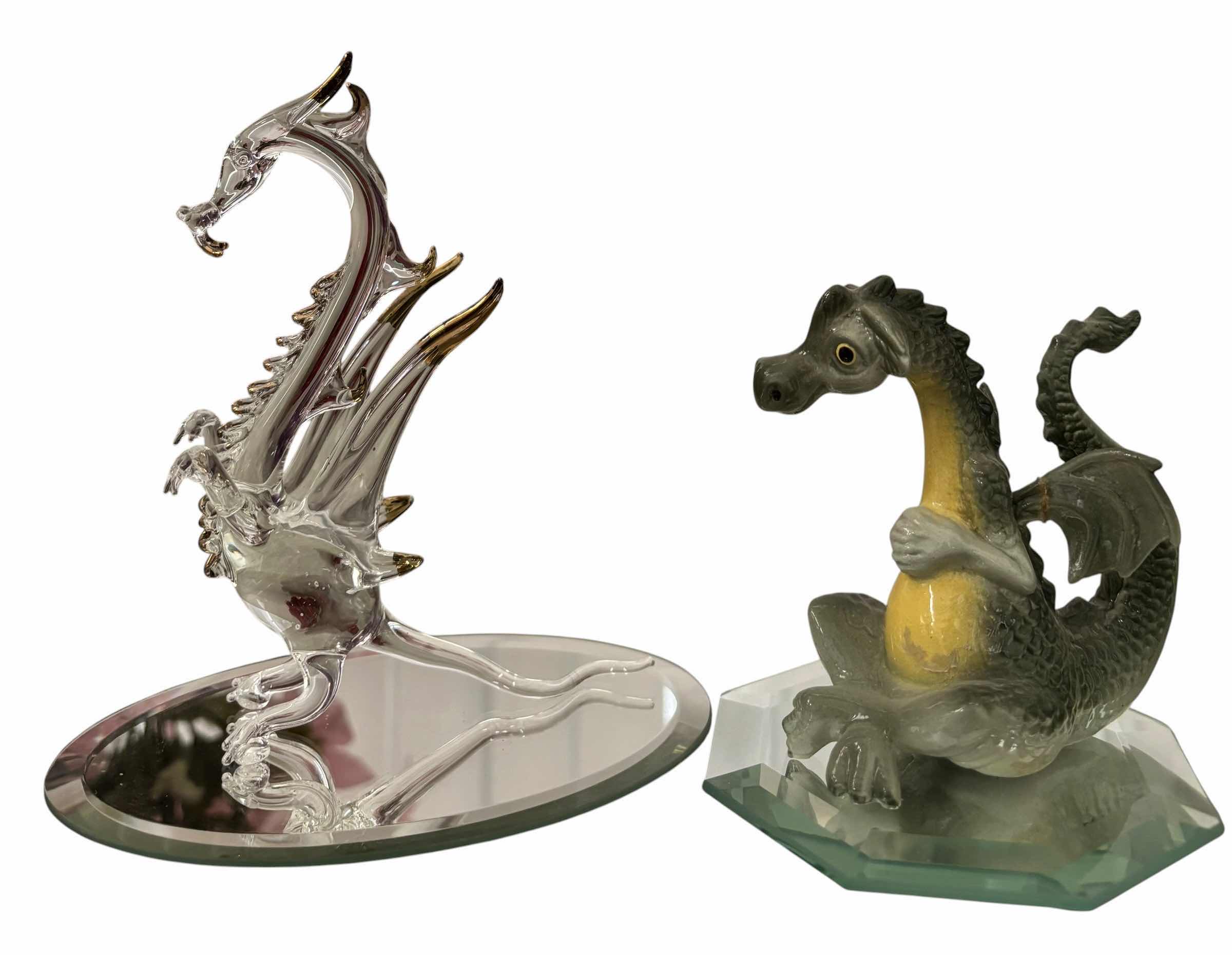 Photo 1 of DRAGON THEMED DECORATIVE ITEMS ON DETACHED GLASS PLATES, TALLEST H7”