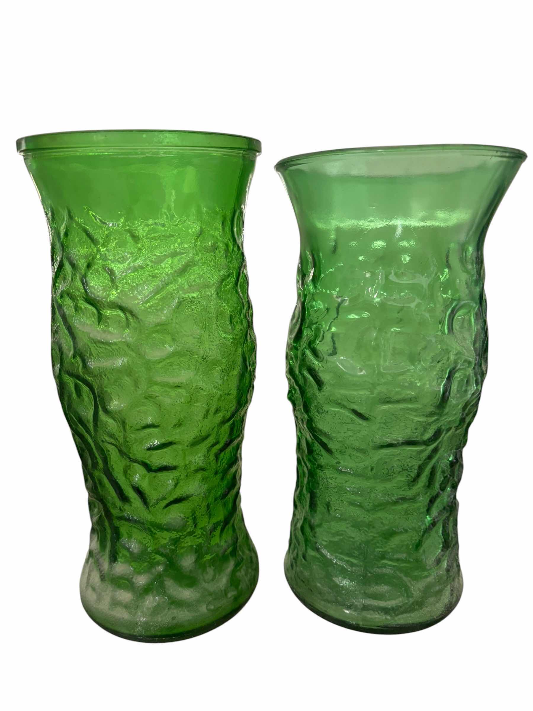 Photo 1 of GREEN GLASS VASES (2) H10” (ONE IS HOOSIER GLASS)