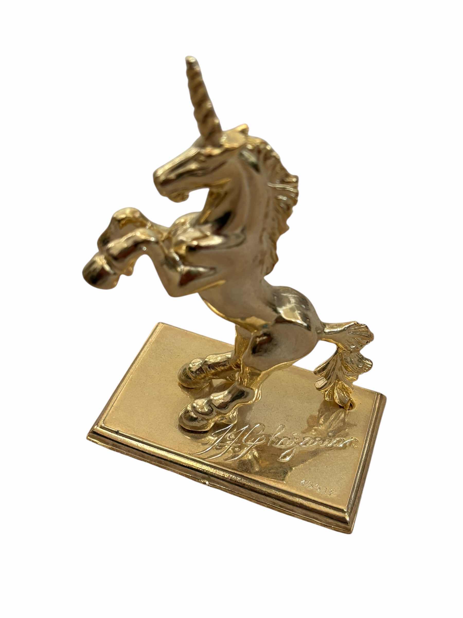 Photo 1 of VINTAGE GOLD-WASHED & GOLD PLATED UNICORN THEMED COLLECTIBLE FIGURINES (5), TALLEST H4”