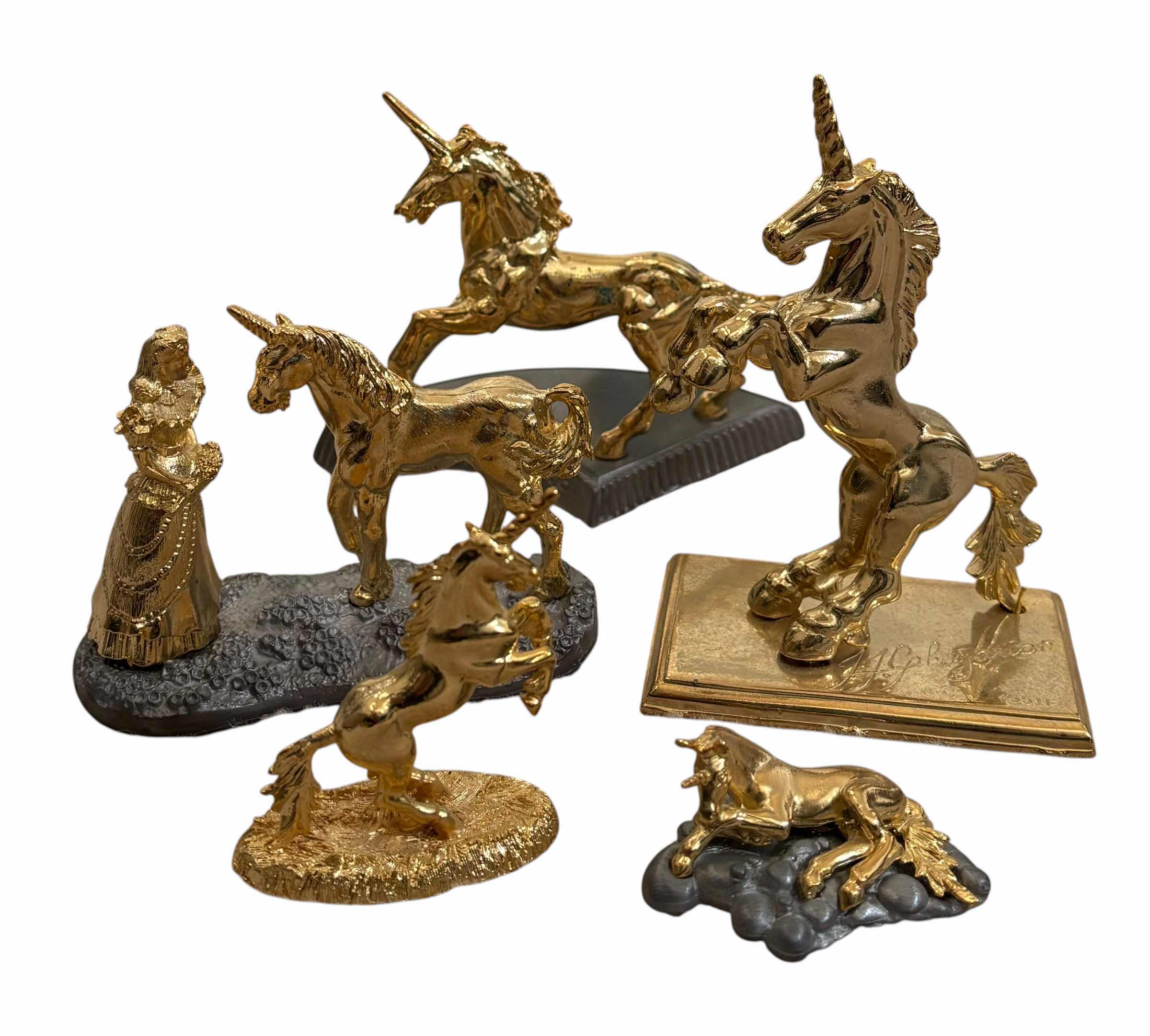 Photo 1 of VINTAGE GOLD-WASHED & GOLD PLATED UNICORN THEMED COLLECTIBLE FIGURINES (5), TALLEST H4”