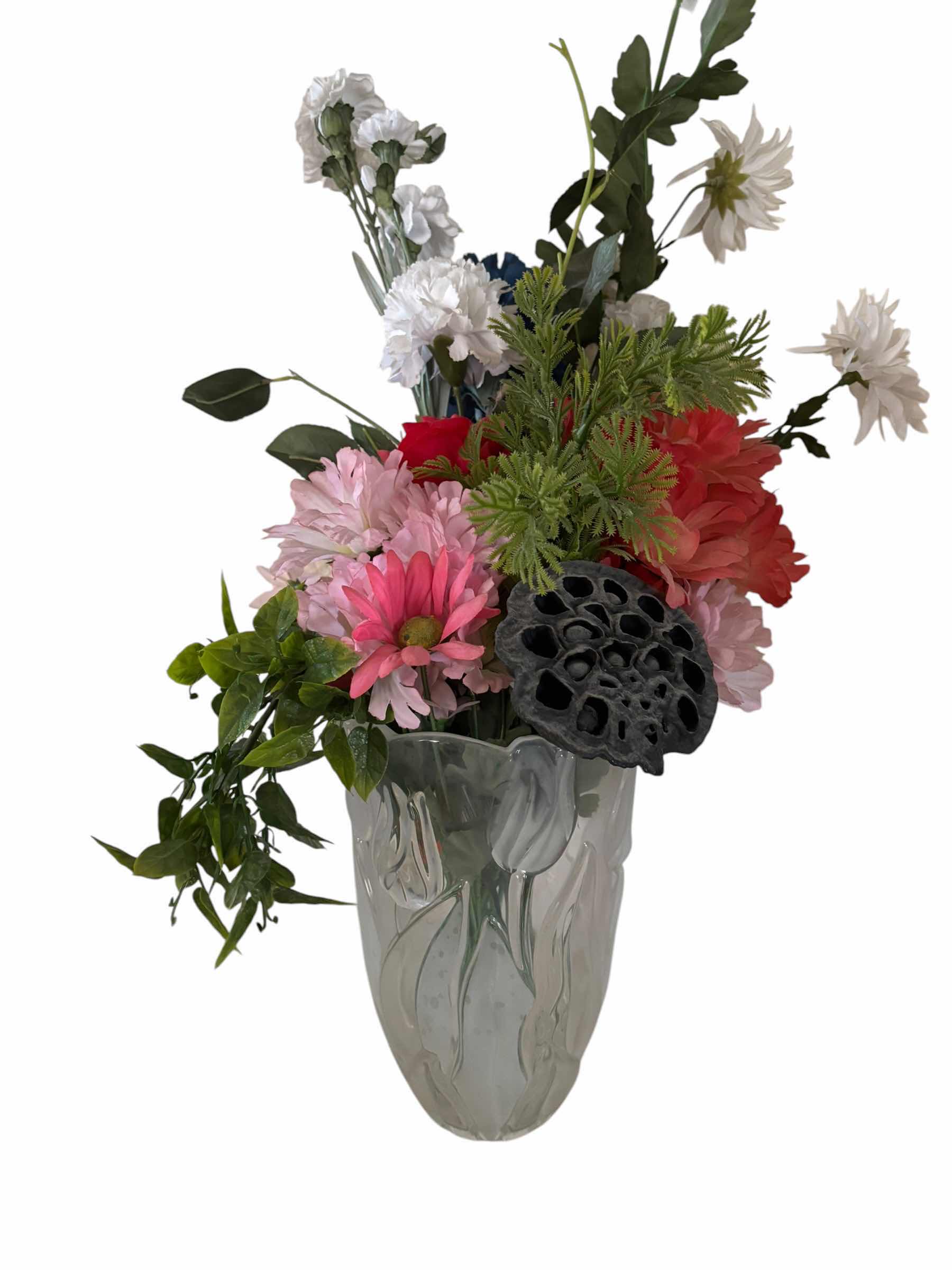 Photo 1 of ARTIFICIAL FLOWERS IN FROSTED GLASS VASE & SMALL ARTIFICIAL TOPIARY PLANT