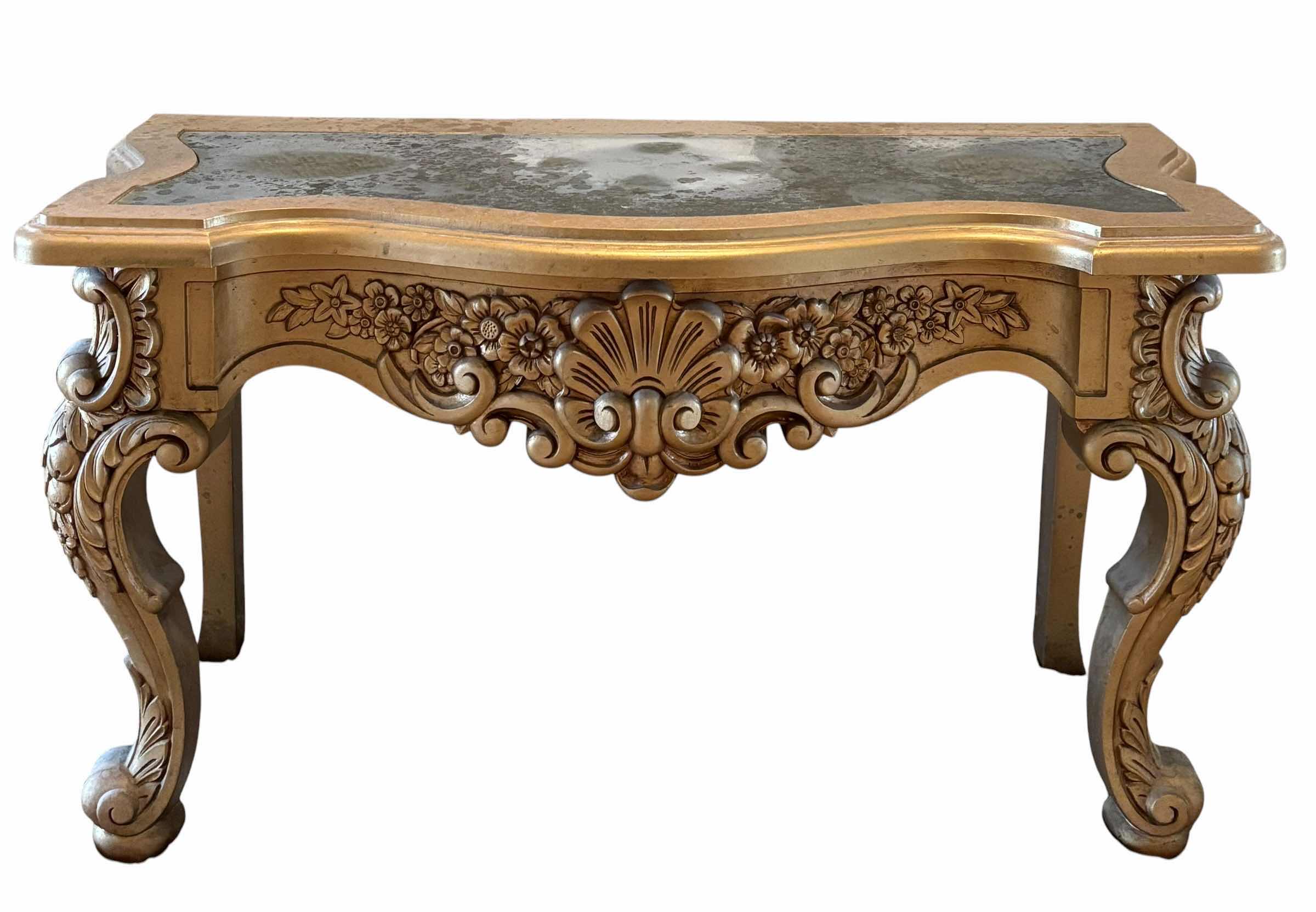 Photo 1 of VINTAGE STYLE PLASTIC TABLE WITH GLASS MIRRORED TOP 26” X 12” X H14”