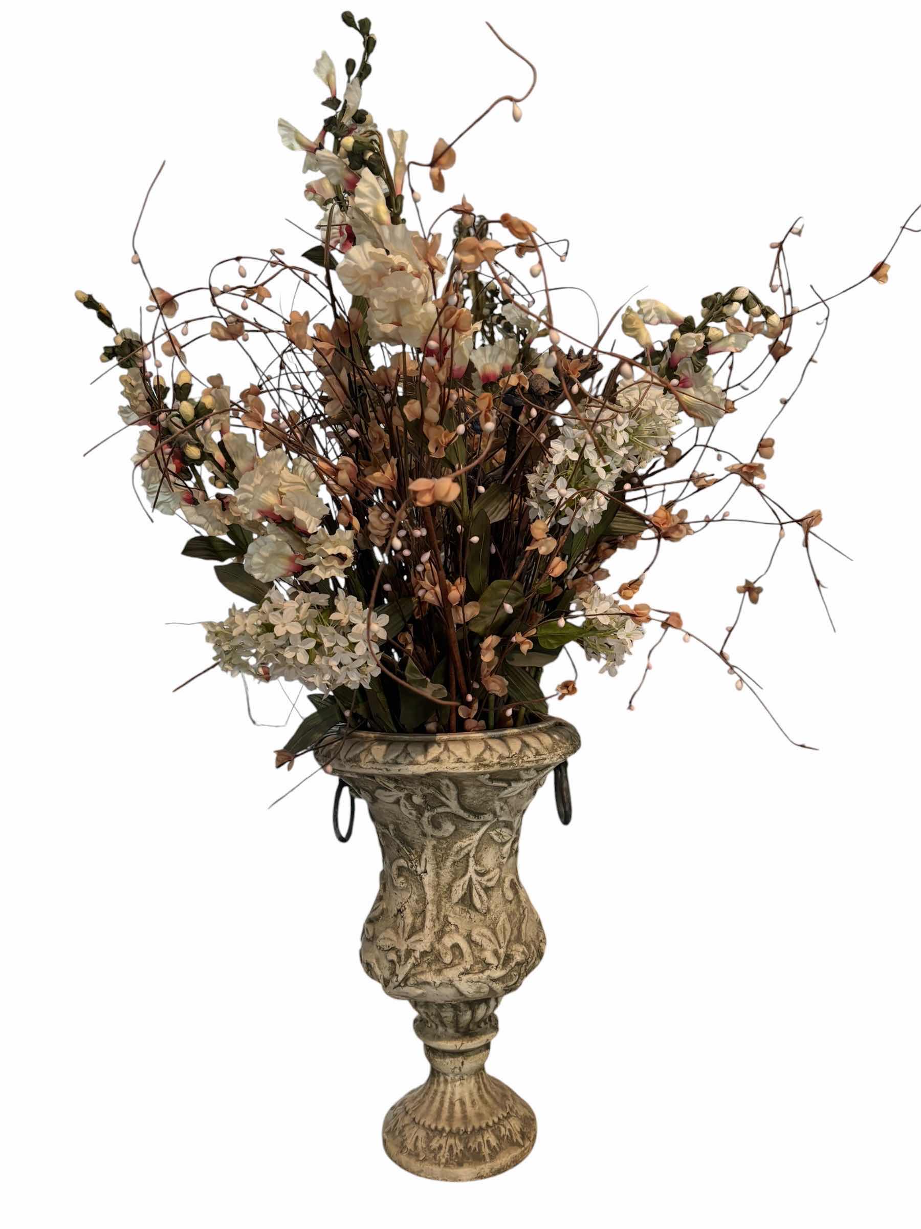 Photo 1 of CLASSIC DISTRESSED PEDESTAL URN VASE WITH ARTIFICIAL FLOWERS H36”
