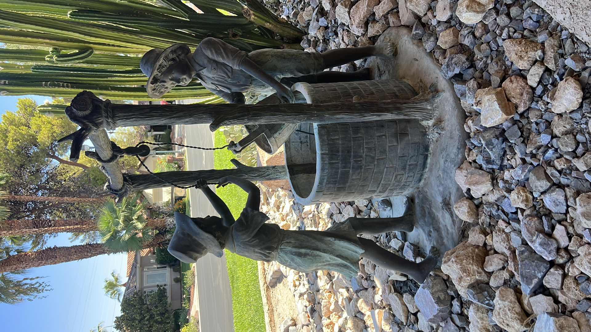 Photo 1 of METAL GARDEN WATER SCULPTURE "BOY & GIRL AT WISHING WELL" (VERY HEAVY)   W43" H55"