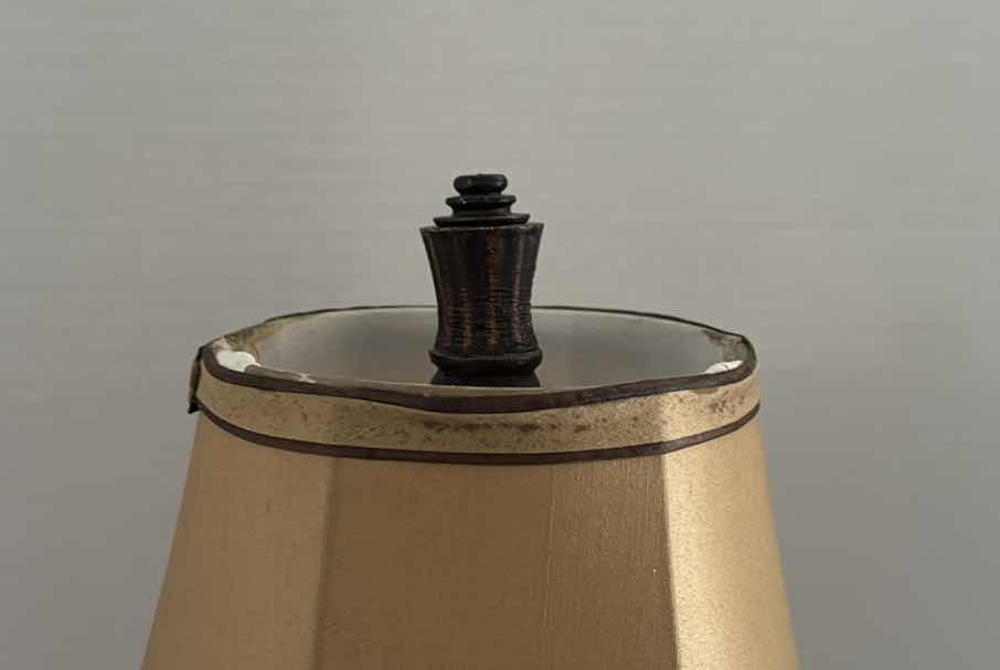 Photo 1 of BRASS TABLE LAMP W. TULIP SILK SHADE  H29” 