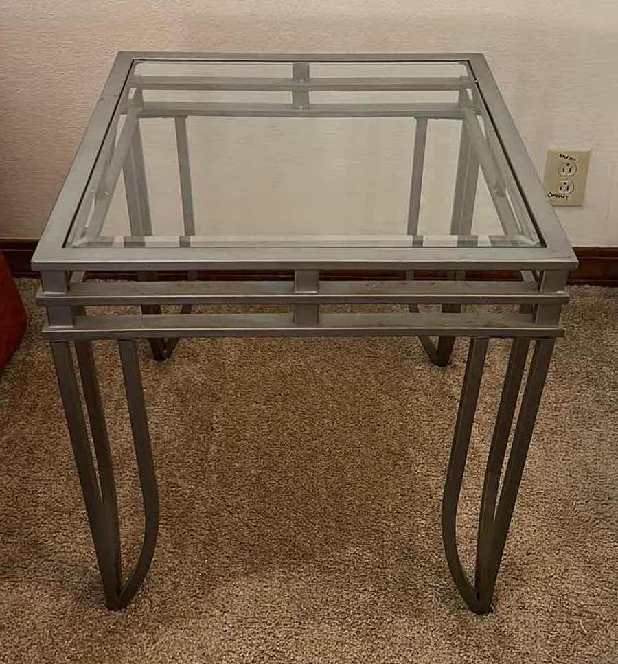 Photo 1 of TEMPERED GLASS TOP SILVER METAL SIDE TABLE  22” x 22” H23” 