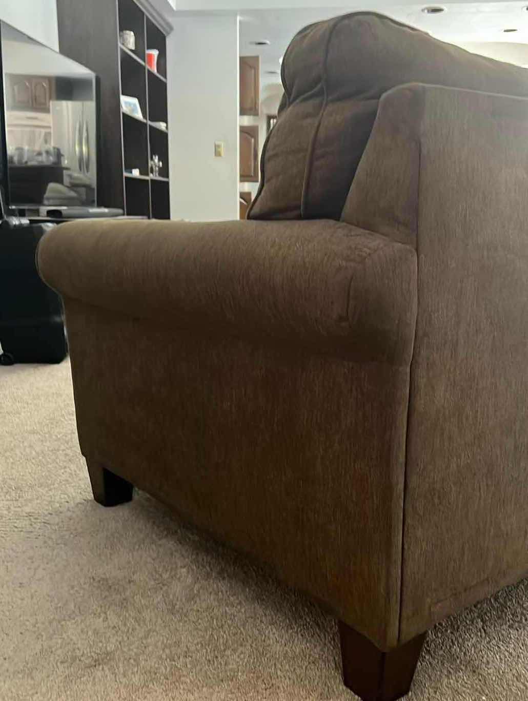 Photo 1 of 6’ DARK BROWN UPHOLSTERED SLEEPER SOFA.