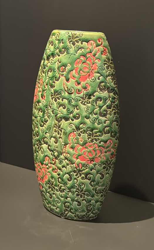 Photo 1 of PORCELAIN "LIME GREEN & ORANGE" VASE H15” 