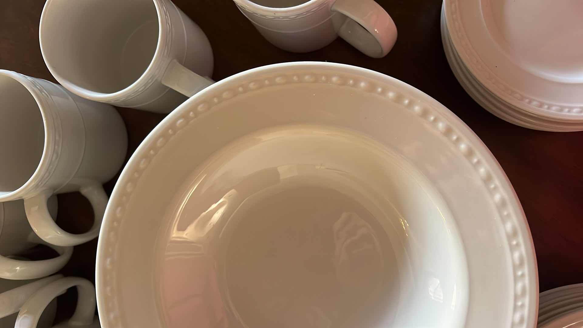 Photo 1 of 32 PCS-WHITE ONEIDA STONEWARE DINNER SET (8 SHALLOW BOWLS, 8 SAUCERS, 8 COFFEE MUGS, 8 SALAD PLATES)
