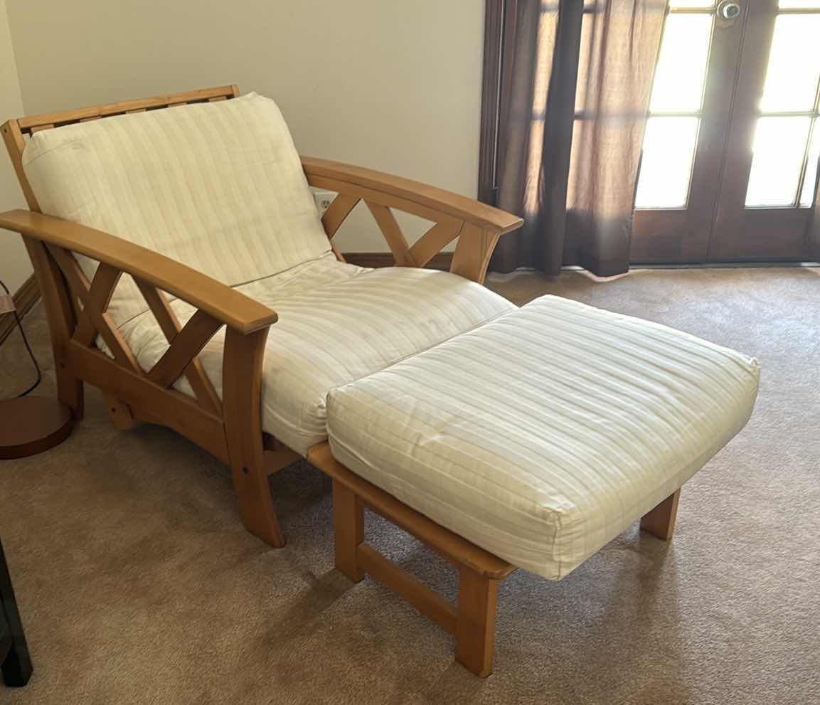 Photo 1 of CASUAL CARMEL TEAK WOOD PADDED ARM CHAIR & OTTOMAN