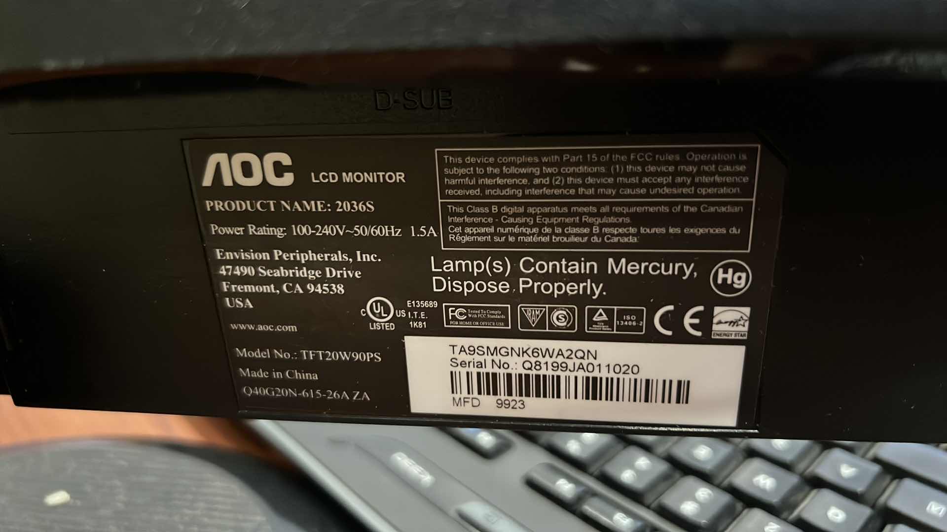 Photo 1 of AOC LCD 20" MONITOR W LOGITECH KEYBOARD & MOUSE