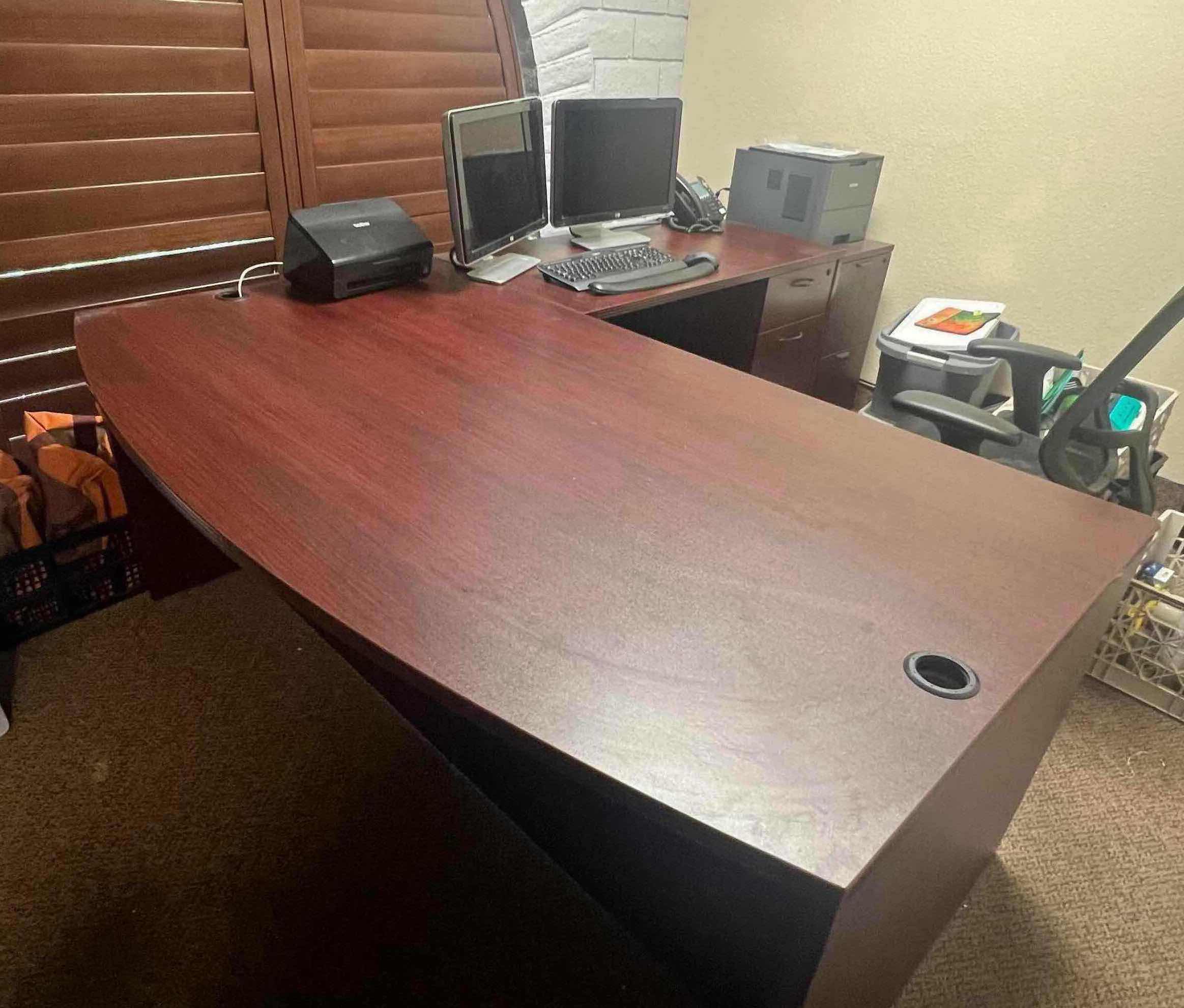 Photo 1 of CHERRY BOWFRONT W DRAWERS EXECUTIVE OFFICE DESK  71" x 88" H39" (CHAIR NOT INCLUDED)
