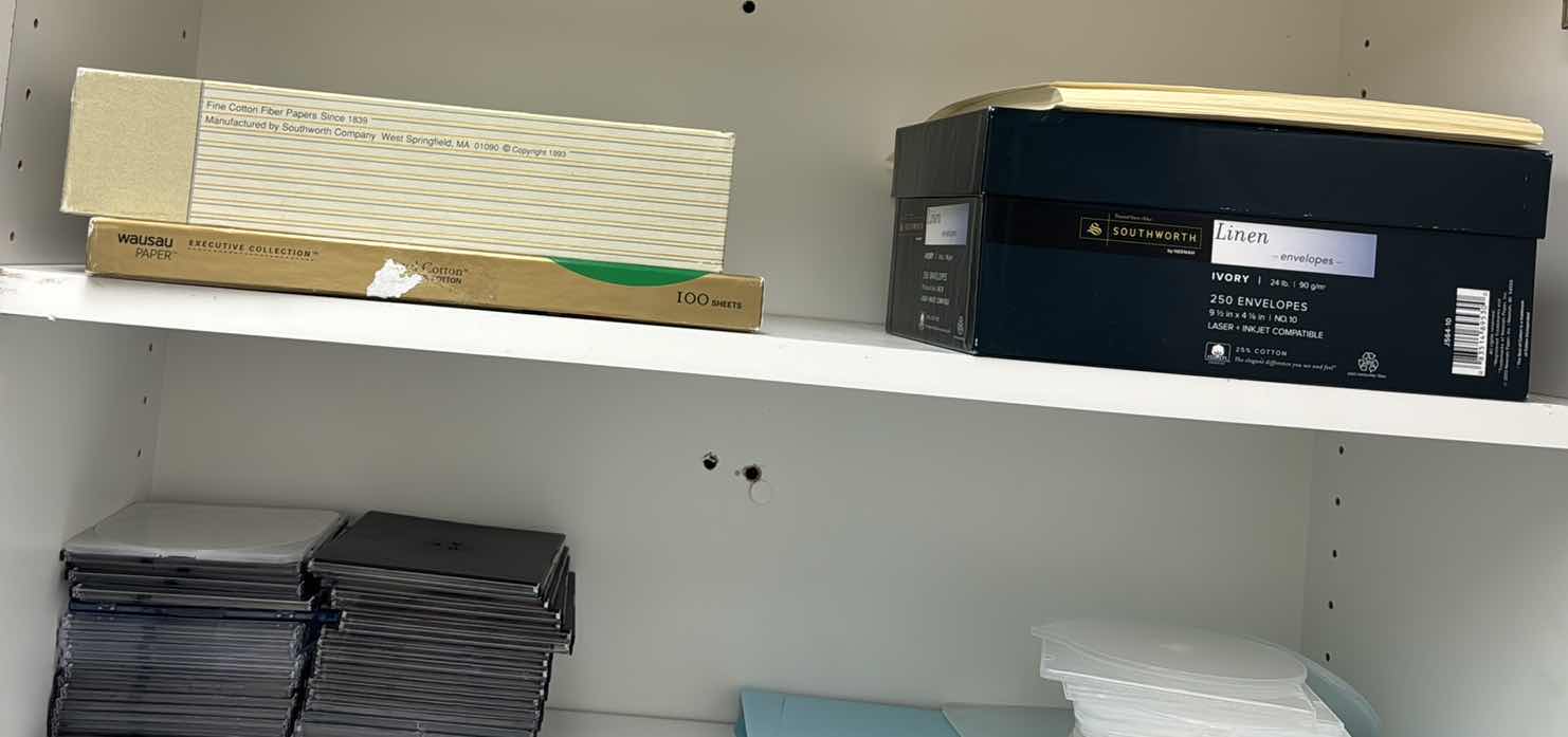 Photo 1 of CONTENTS OF CABINET
LINEN PAPER & ENVELOPES, CDs, EMPTY CD CASES