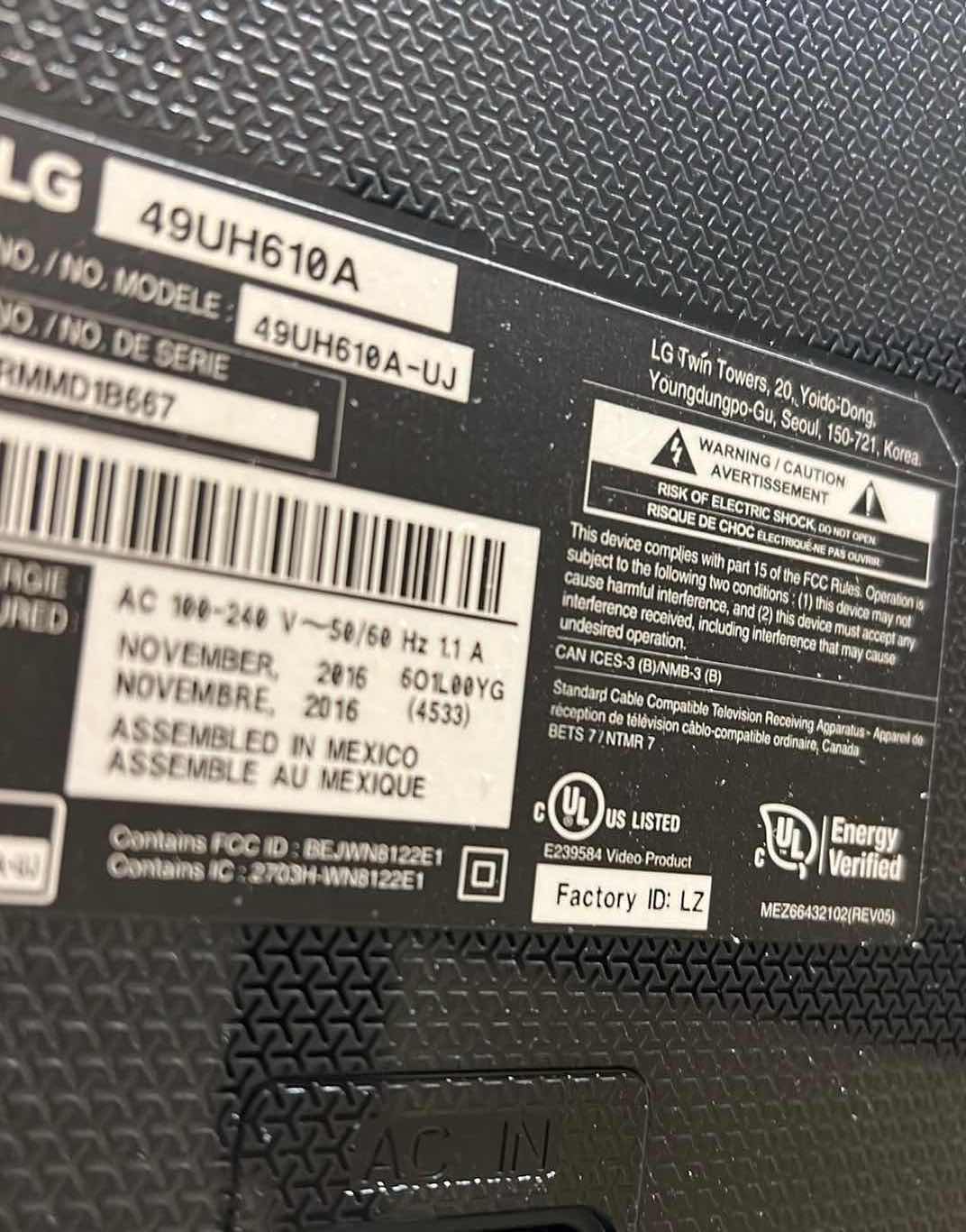 Photo 1 of 48” LG FLATSCREEN TV WITH WALL MOUNT. W/REMOTE. 4K UHD