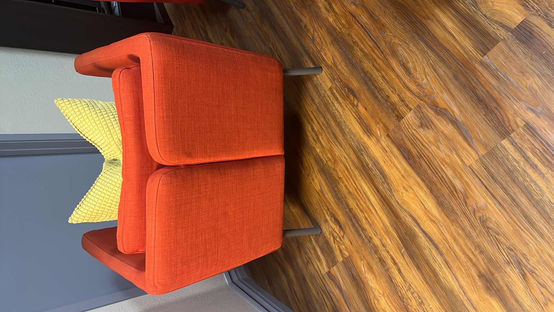 Photo 1 of IKEA EKERO ORANGE LINEN ARM CHAIR W YELLOW PILLOW