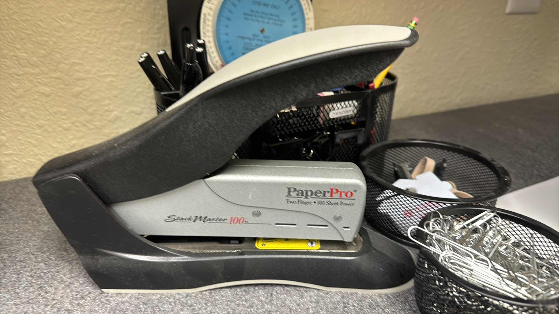 Photo 1 of OFFICE SUPPLIES:
PEN HOLDER, PAPER PRO TWO FINGER STAPLER, METAL DIVIDERS