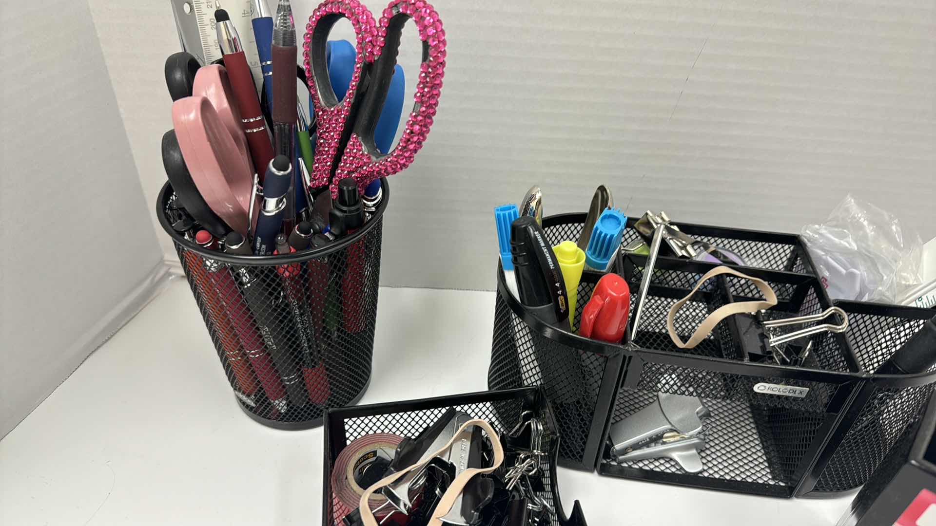 Photo 1 of OFFICE SUPPLIES :
TAPE DISPENSER, SCISSORS, HOLE PUNCH, BINDER CLIPS, DESK CONTAINERS