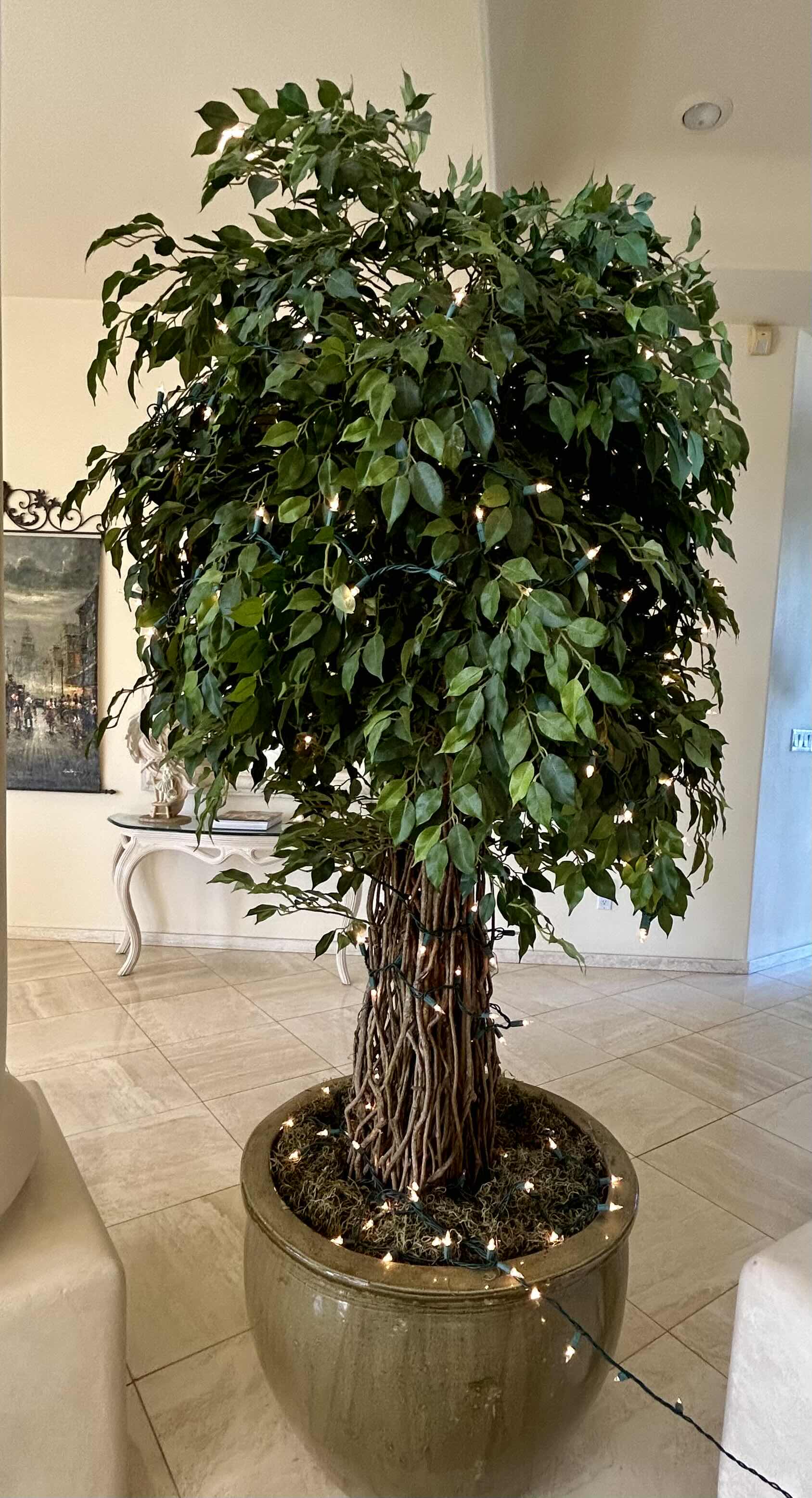 Photo 1 of 8’ FAUX TREE LIT WITH CLEAR TWINKLE LIGHTS IN HEAVY GLAZED CERAMIC POT