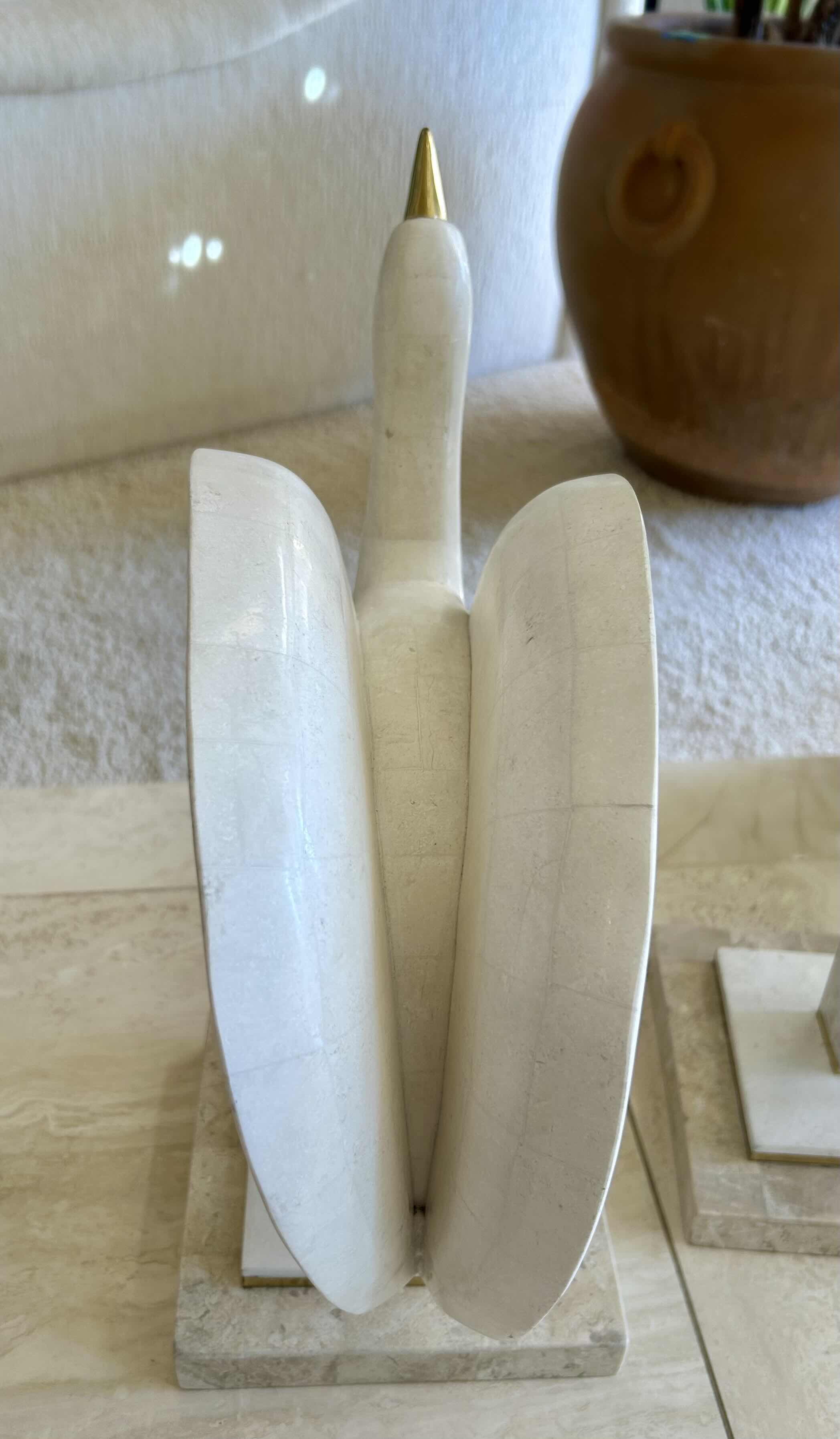 Photo 1 of 1980s NATURAL TESSELLATED STONE & BRASS HANDMADE EGRET SWAN BIRD SCULPTURES MAITLAND SMITH ATTRIBUTE A PAIR