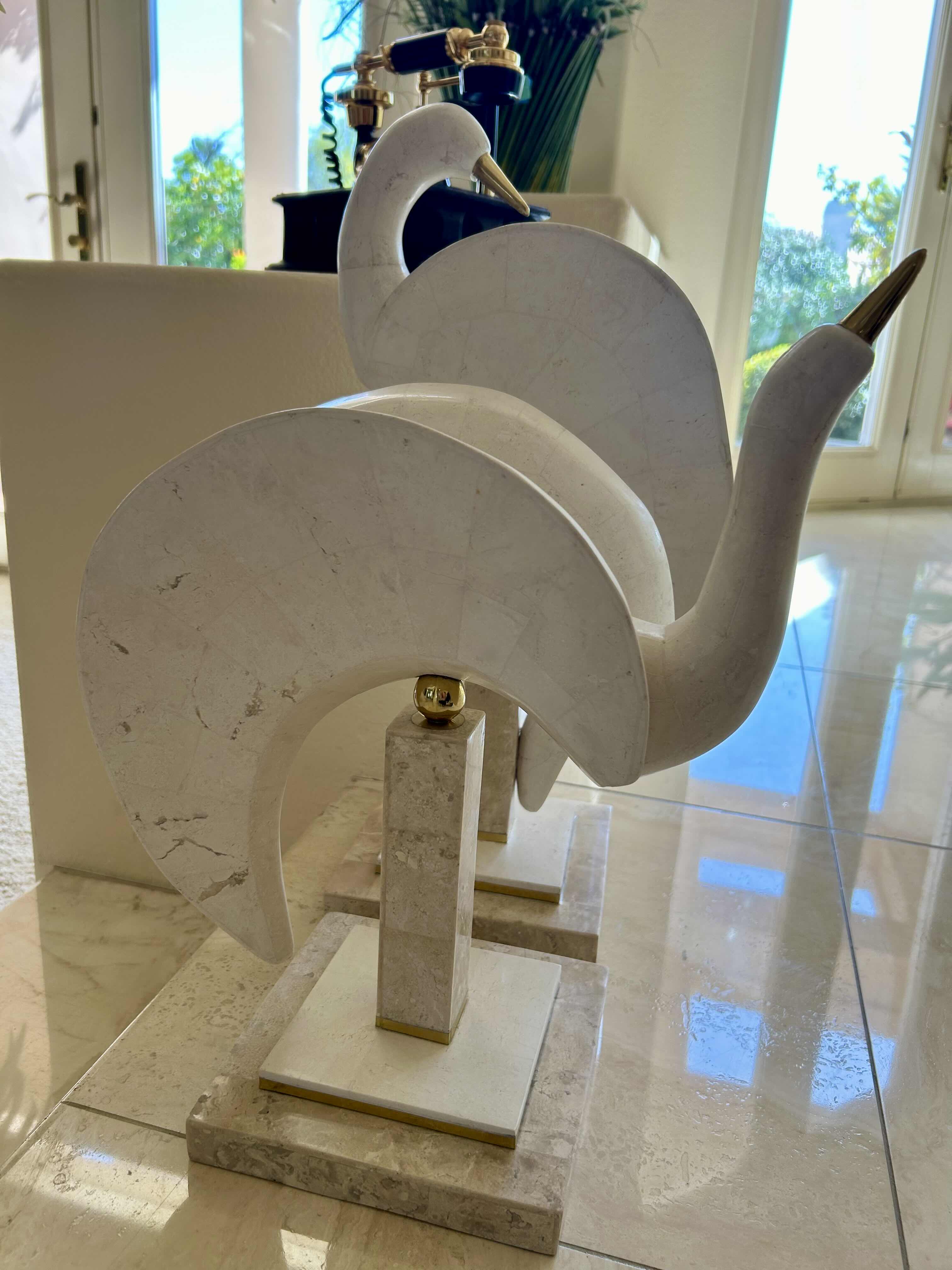 Photo 1 of 1980s NATURAL TESSELLATED STONE & BRASS HANDMADE EGRET SWAN BIRD SCULPTURES MAITLAND SMITH ATTRIBUTE A PAIR