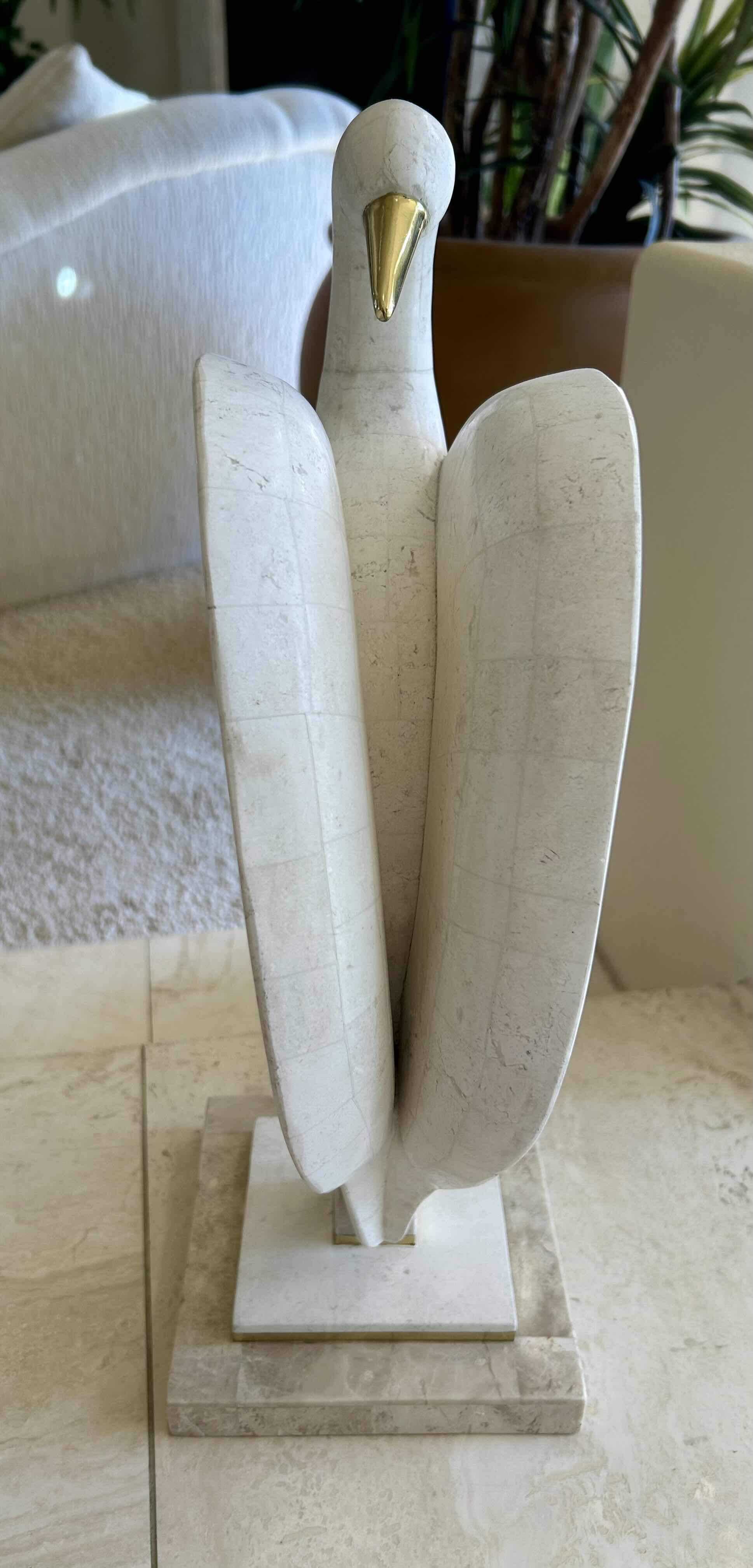 Photo 1 of 1980s NATURAL TESSELLATED STONE & BRASS HANDMADE EGRET SWAN BIRD SCULPTURES MAITLAND SMITH ATTRIBUTE A PAIR