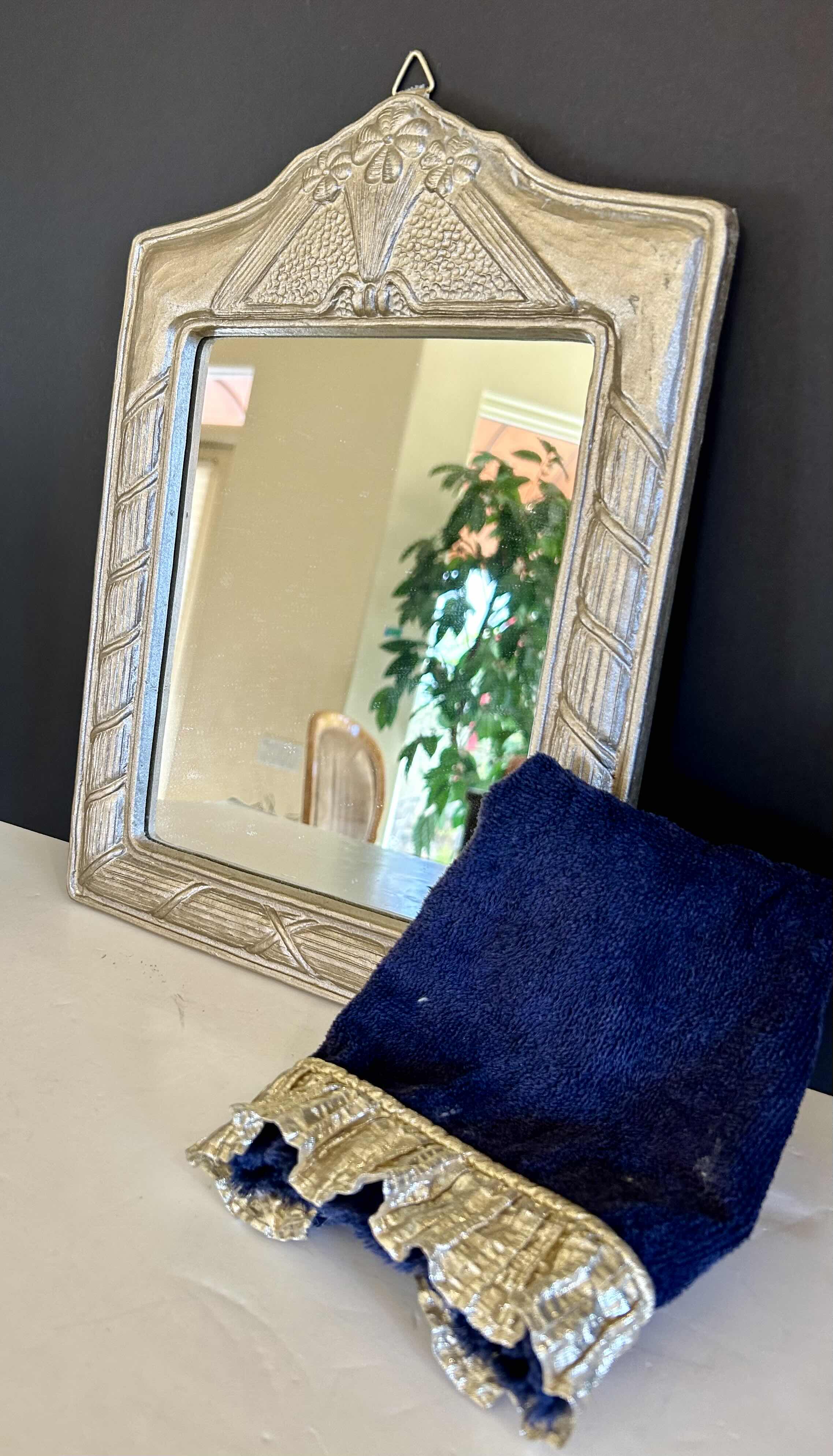 Photo 1 of DECORATIVE MIRROR 11” X 15” WITH NAVY AND GOLD RUFFLED HAND TOWEL