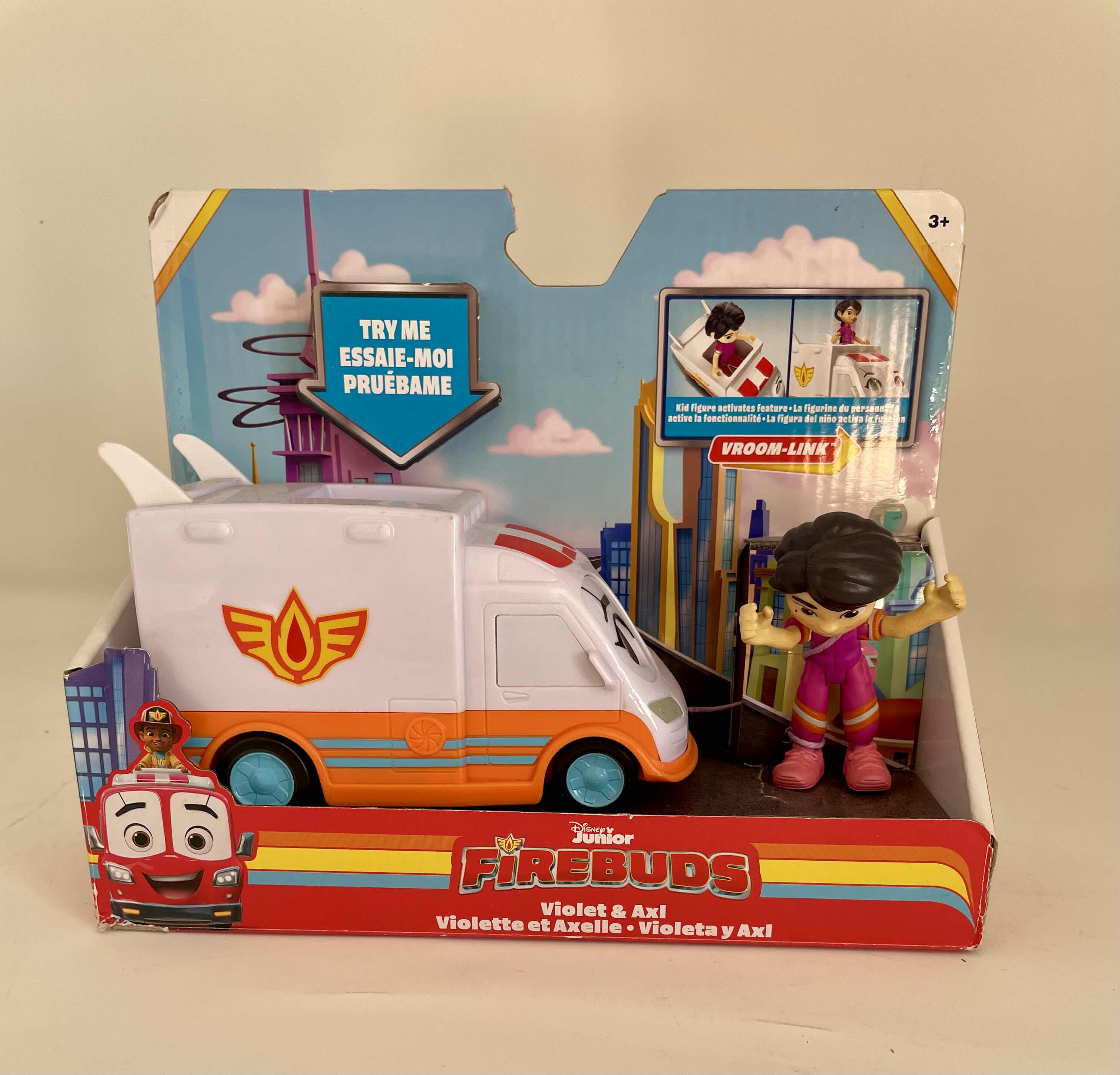 Photo 1 of BRAND NEW 4 - DISNEY JUNIOR FIREBUDS VIOLET AND AXL FIGURE AND AMBULANCE VEHICLE SET