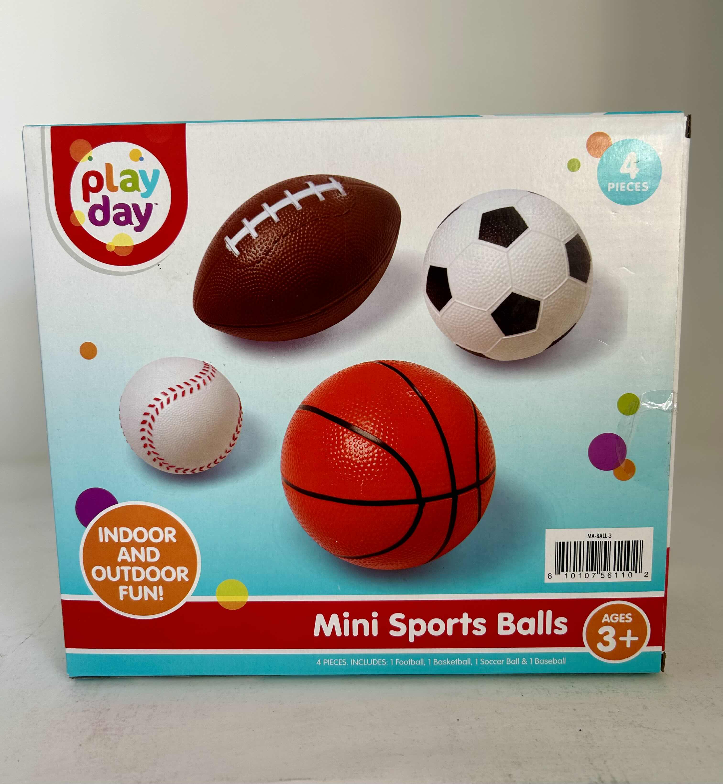 Photo 1 of BRAND NEW 3 - PLAY DAY INFLATABLE CHILDREN’S MINI SPORTS BALL SET, RUBBER MULTICOLOR/MULTISPORTS, 4-PACK