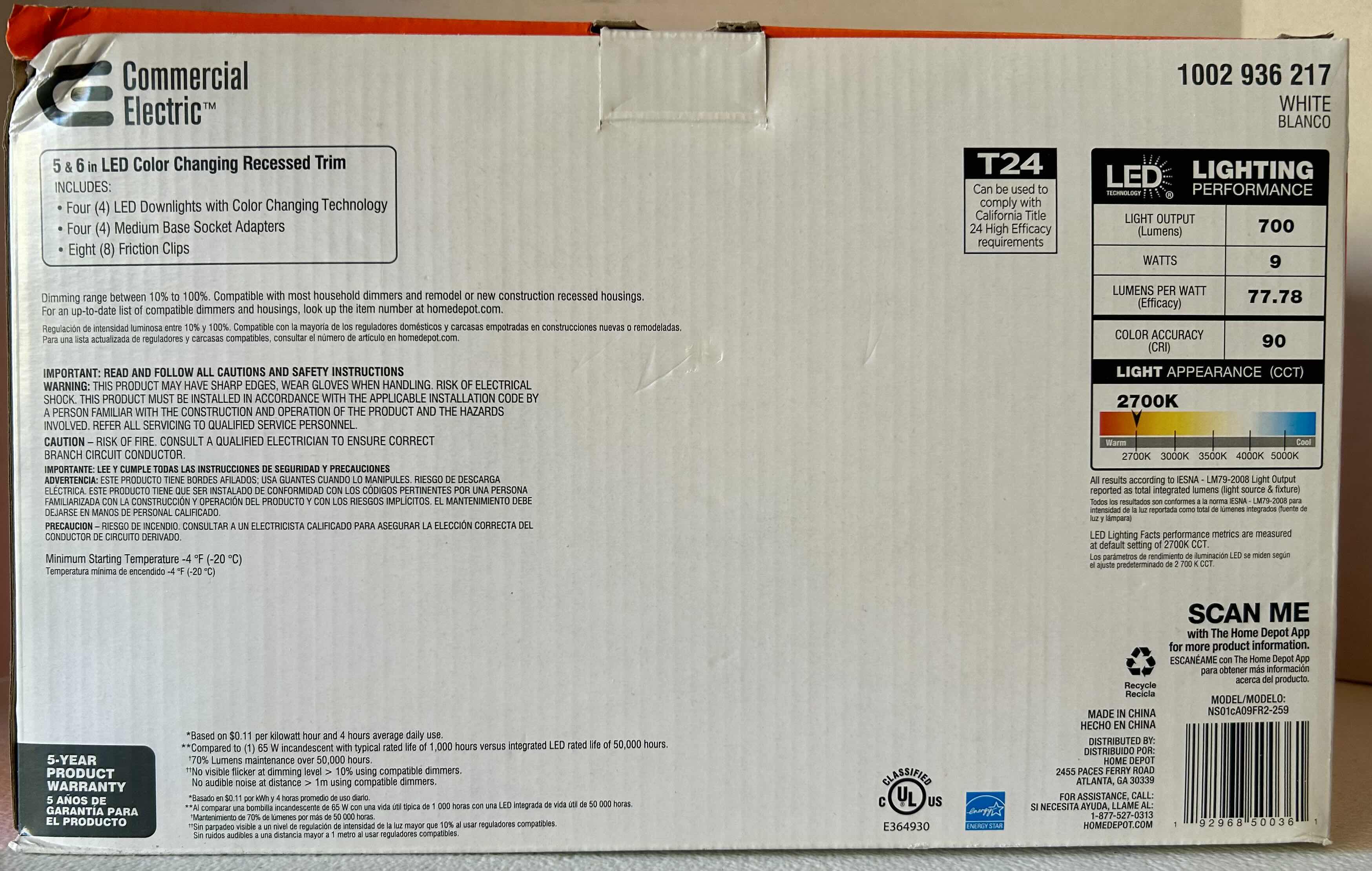 Photo 1 of BRAND NEW - COMMERCIAL ELECTRIC 5/6" WHITE INTEGRATED LED ENERGY STAR COLOR CHANGING RECESSED TRIM DOWNLIGHT 4 PK - RECESSED TRIM LIGHTS