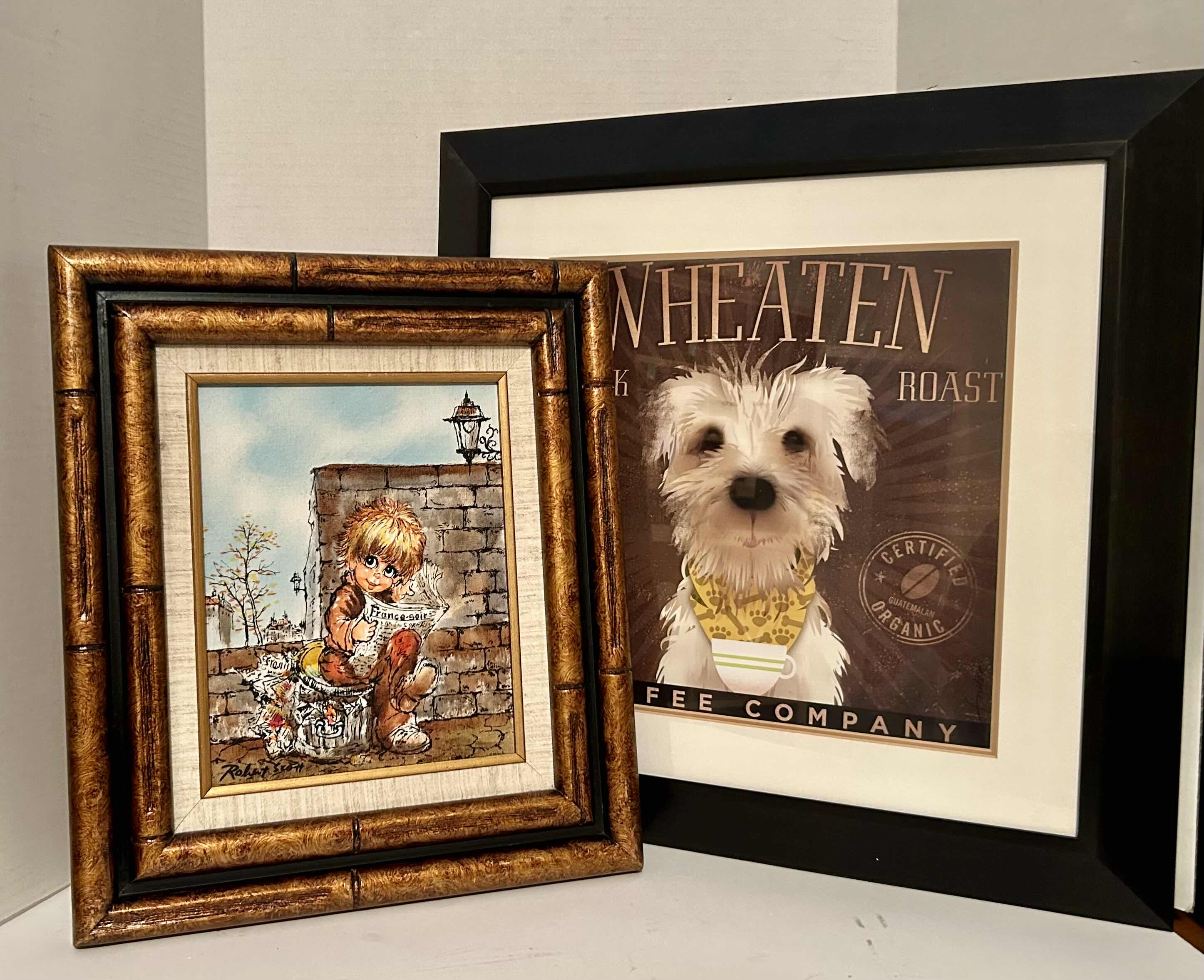 Photo 1 of ARTWORK BOY READING NEWSPAPER 13.5” x 15.5” AND WHEATEN DOG COFFEE COMPANY 19.5” x20”