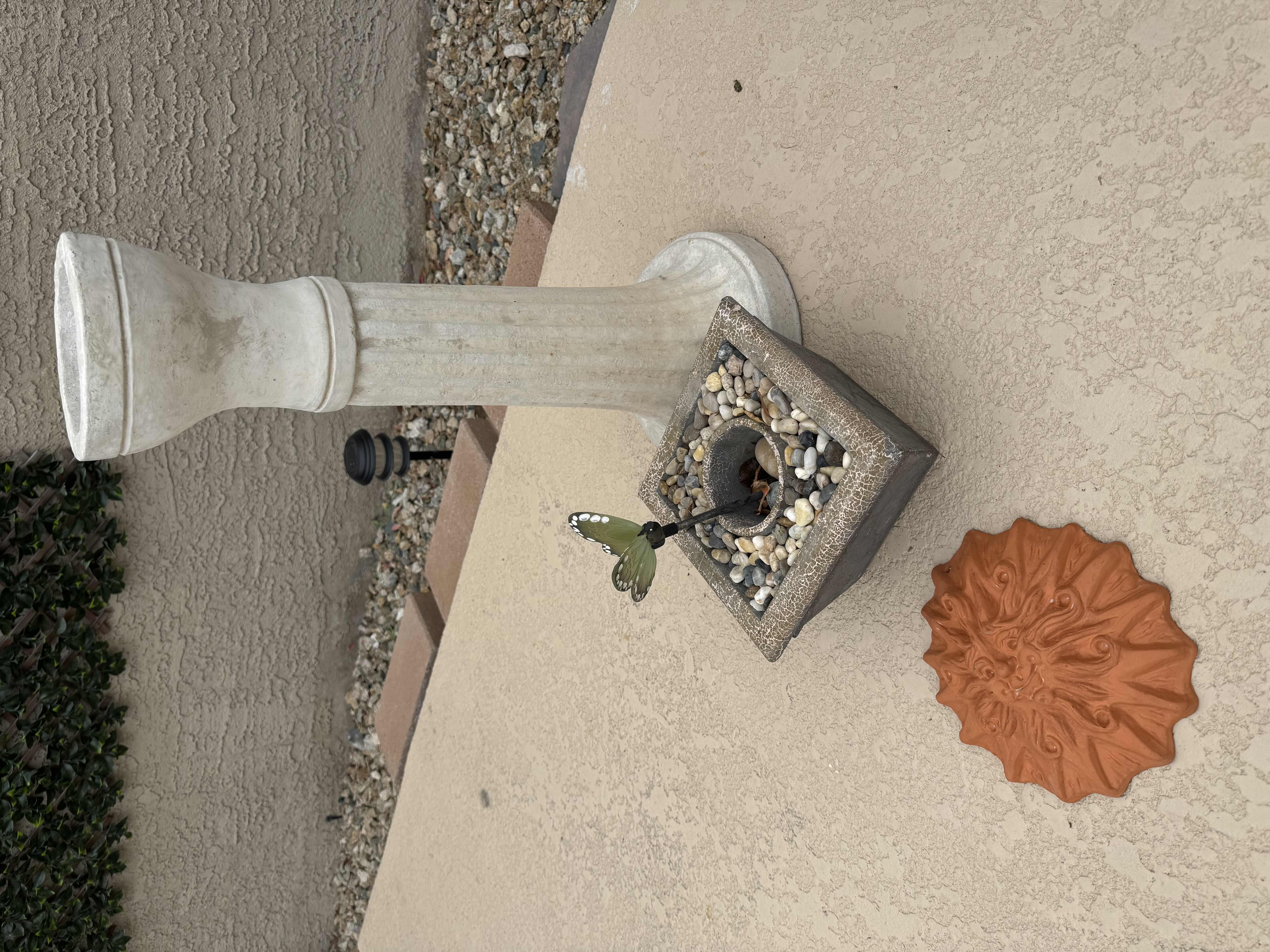 Photo 1 of BIRD BATH CONCRETE BASE H26” & 2 OUTDOOR DECOR ITEMS