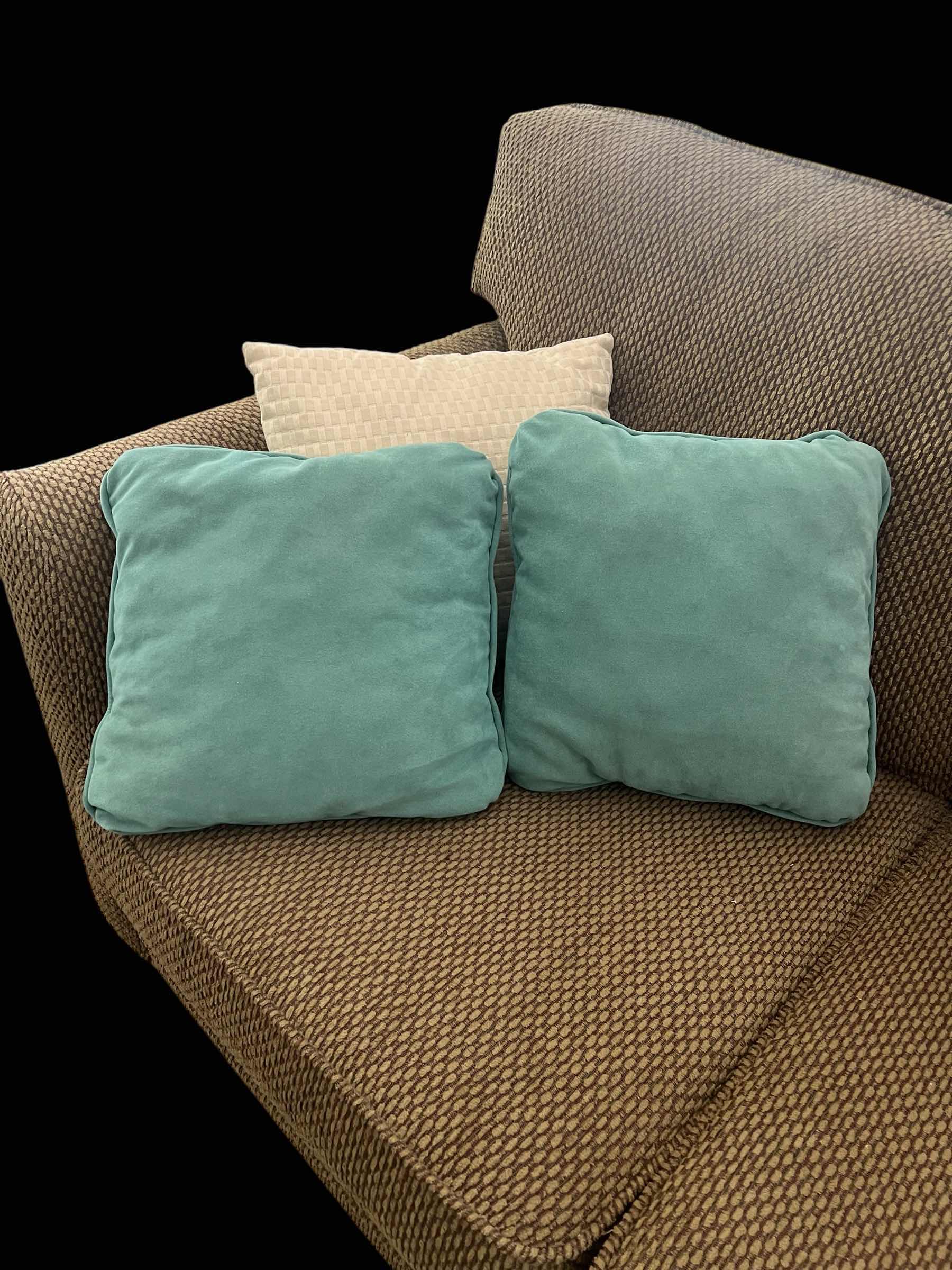 Photo 1 of 3-THROW PILLOWS, 2 TEAL AND 1 CREAM COLORED. 12" X 12".