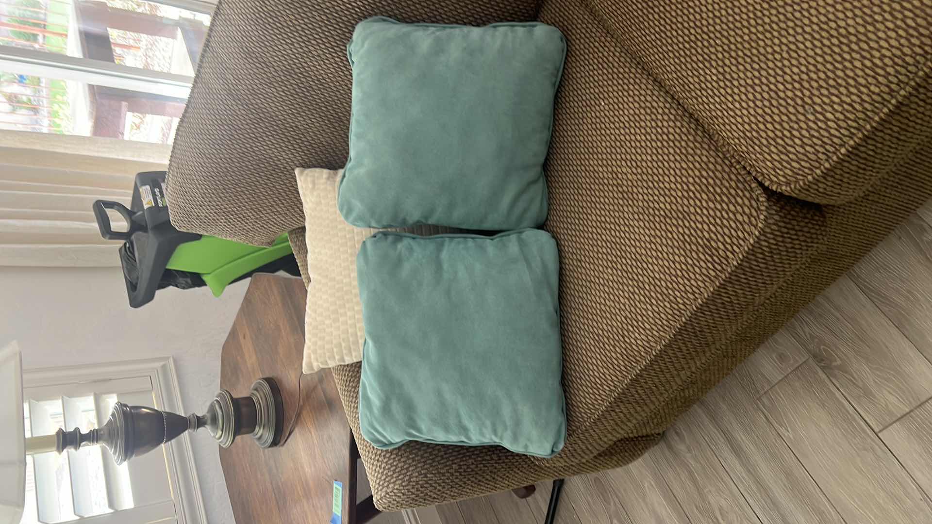 Photo 1 of 3-THROW PILLOWS, 2 TEAL AND 1 CREAM COLORED. 12" X 12".