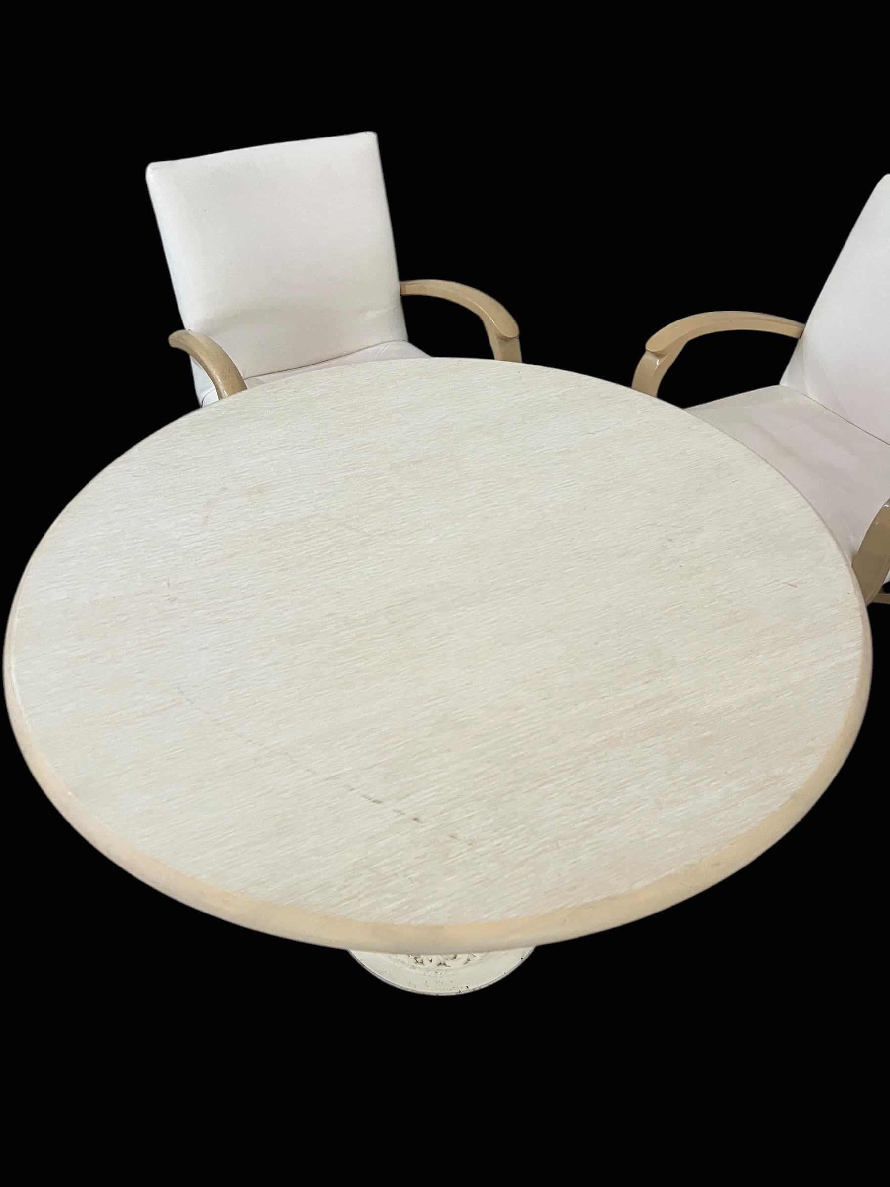 Photo 4 of WHITE ROUND TABLE. WITH WHITE METAL BASE, AND WOODEN TOP.