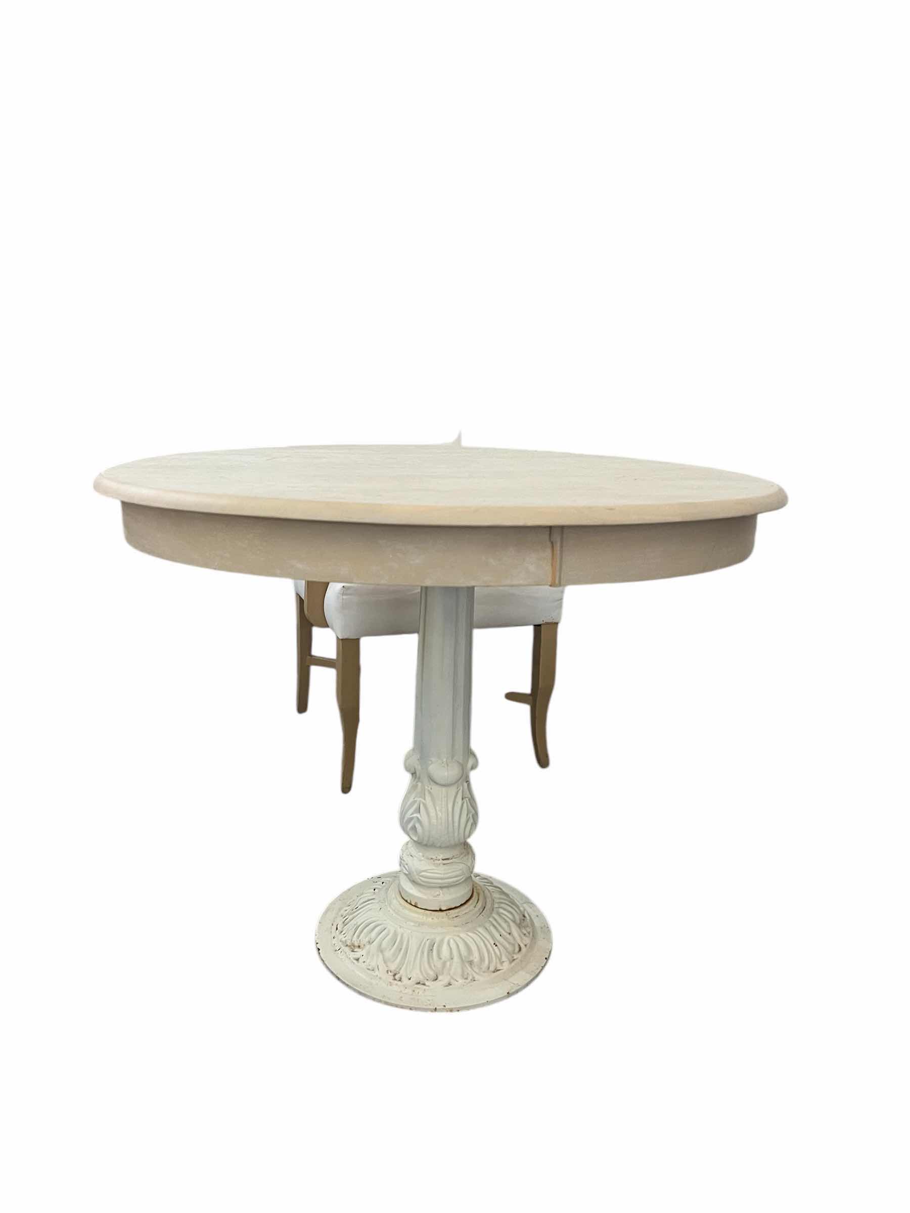 Photo 1 of WHITE ROUND TABLE. WITH WHITE METAL BASE, AND WOODEN TOP.